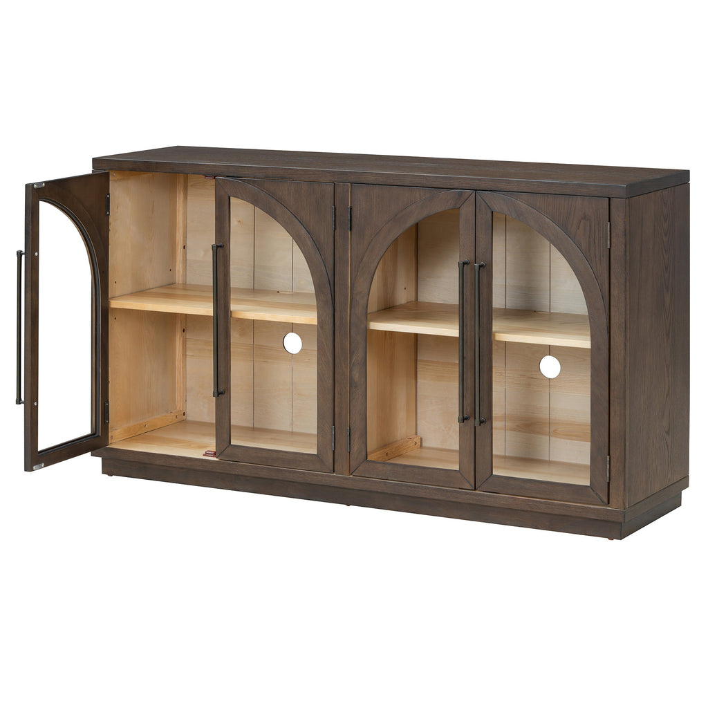 TREXM 4-Door Large Storage Sideboard Buffet Cabinet with Glass Doors, Arched Cabinet with Adjustable Shelves for Kitchen, Dining Room and Living Room (Espresso)
