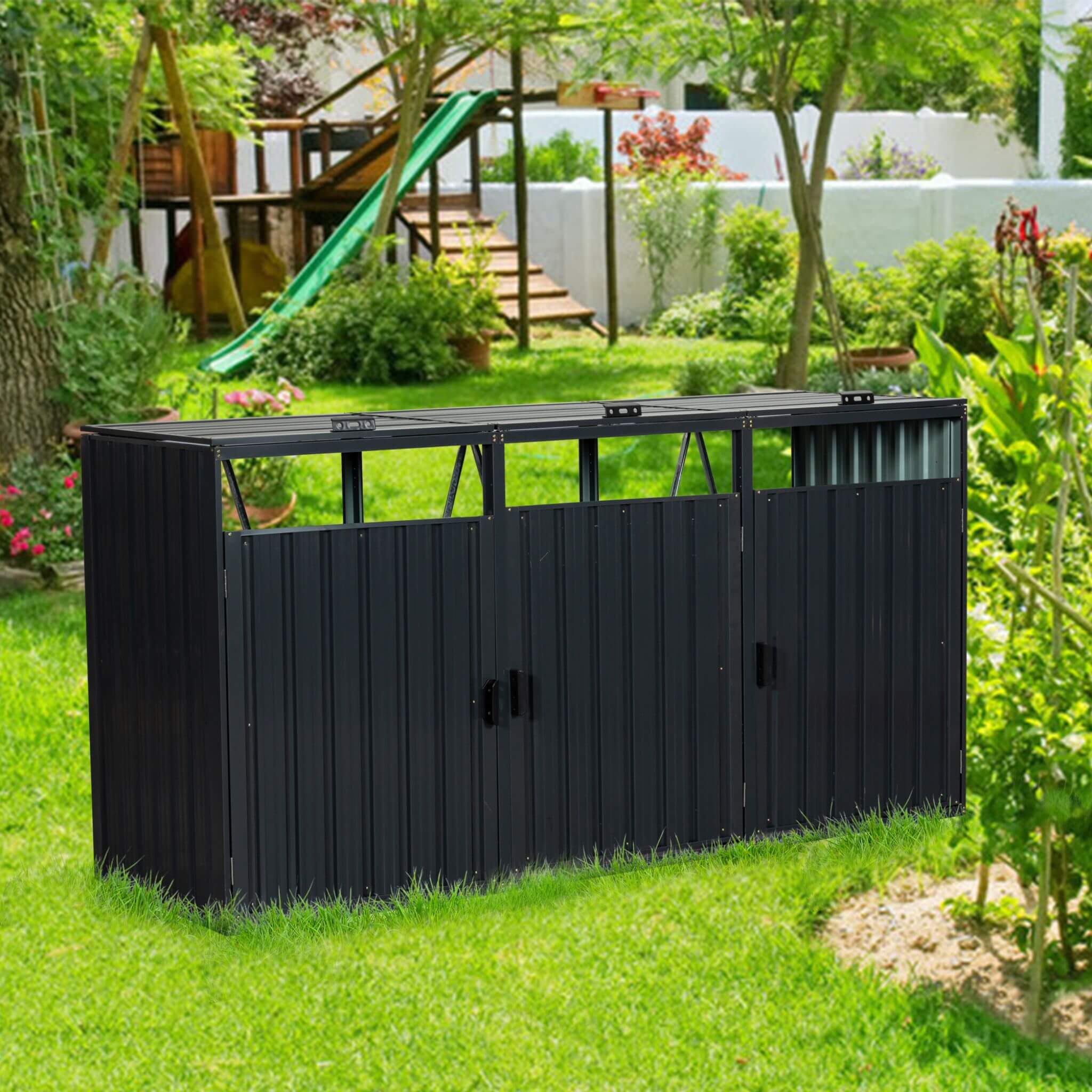 94" Heavy Duty Outdoor Galvanized Stainless Steel Garbage Bin Shed For 3 Trash Cans (SAK89882)