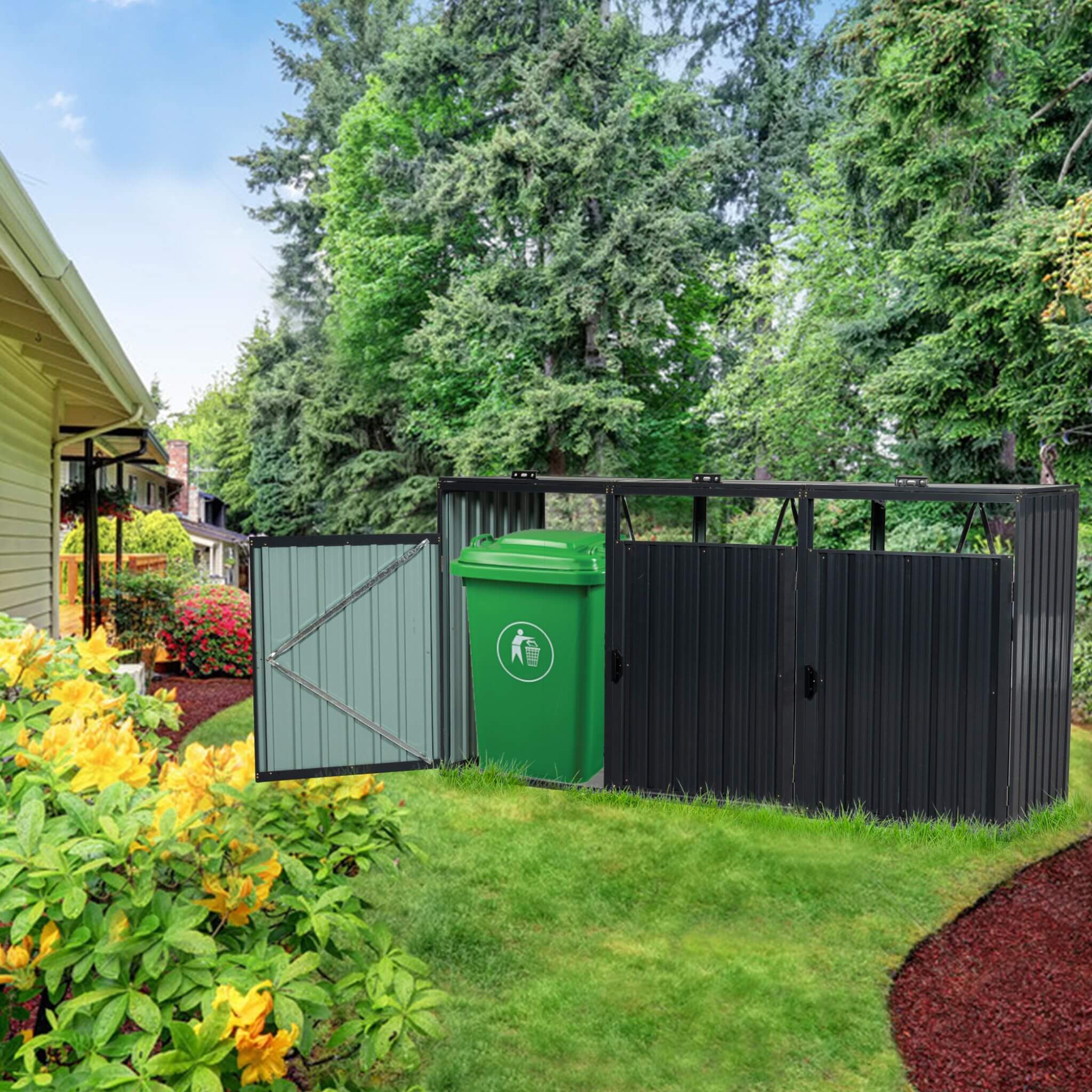 94" Heavy Duty Outdoor Galvanized Stainless Steel Garbage Bin Shed For 3 Trash Cans (SAK89882)