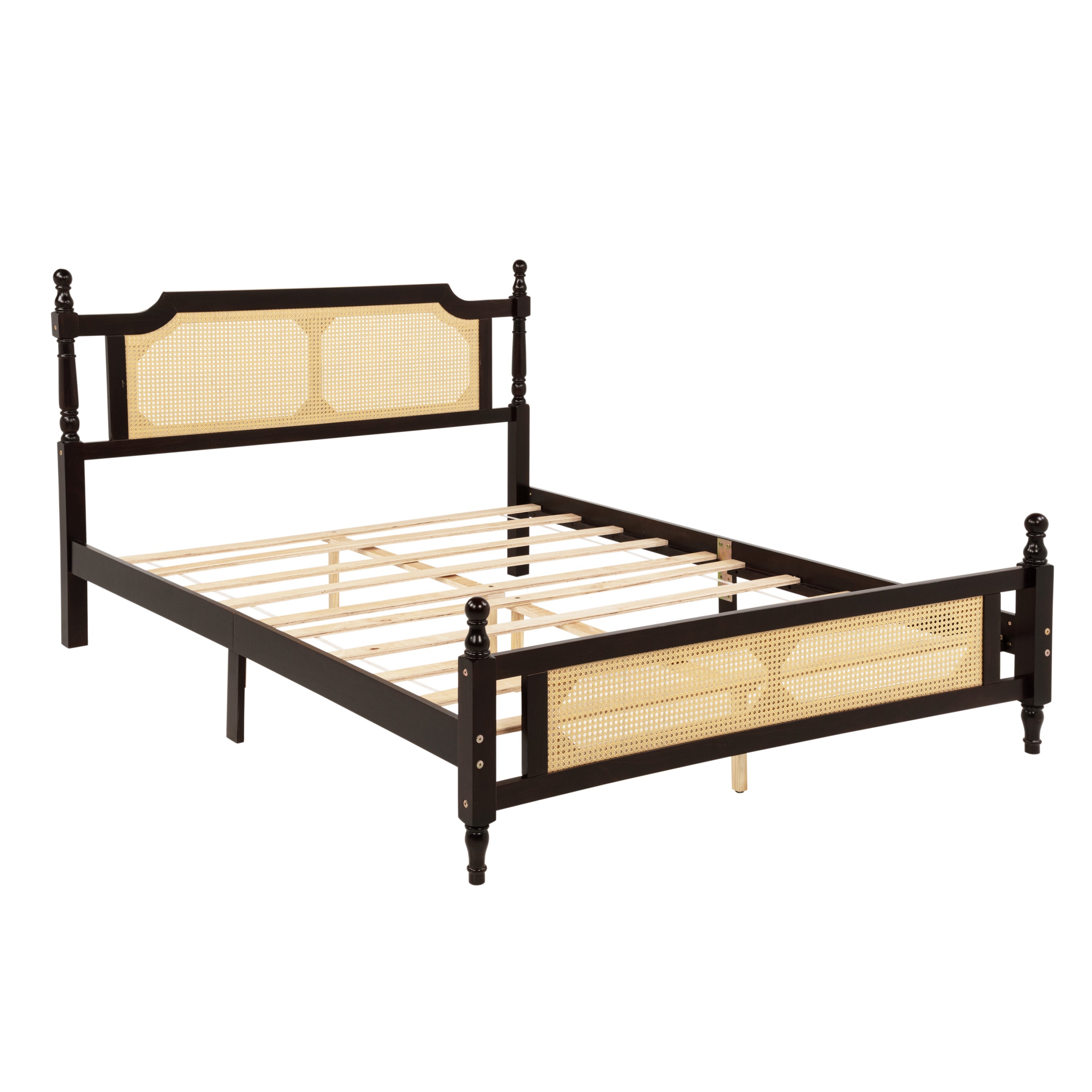 Queen Pine wooden Bed with Rattan Headboard  and Footboard, with  Central Enhanced Bed Platform ,Espresso