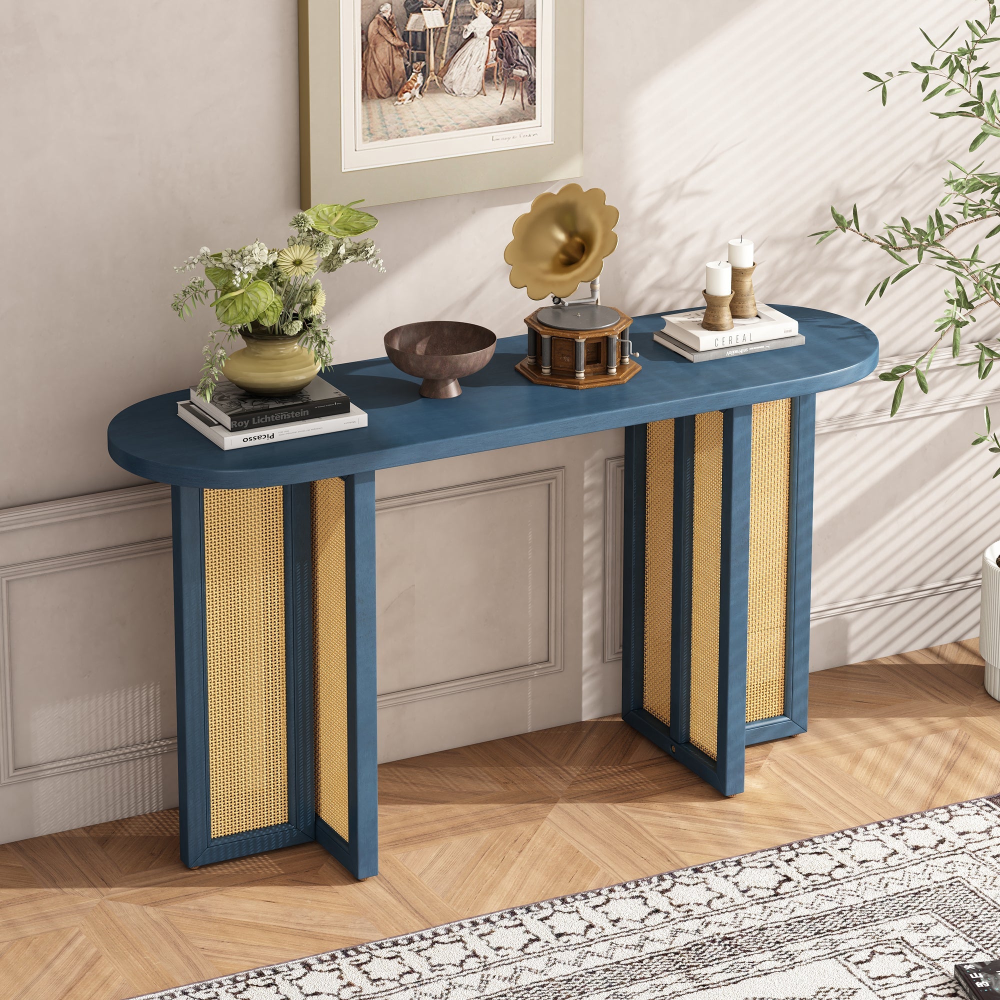 TREXM Farmhouse Rattan Console Table Entryway Table, Narrow Console Table with Storage, Hallway Table for Living Room, Entrance (Navy)