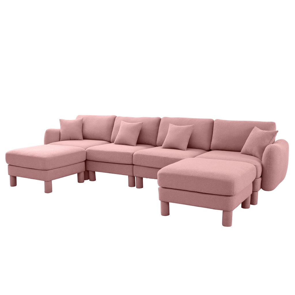 Boucle Fabric U Shape Sectional 4-seater Sofa Couch With Distinctive Shell-shaped Armrests And 2 Movable Ottomans,Cylindrical Legs Wrapped with Self-fabric,Pink Color