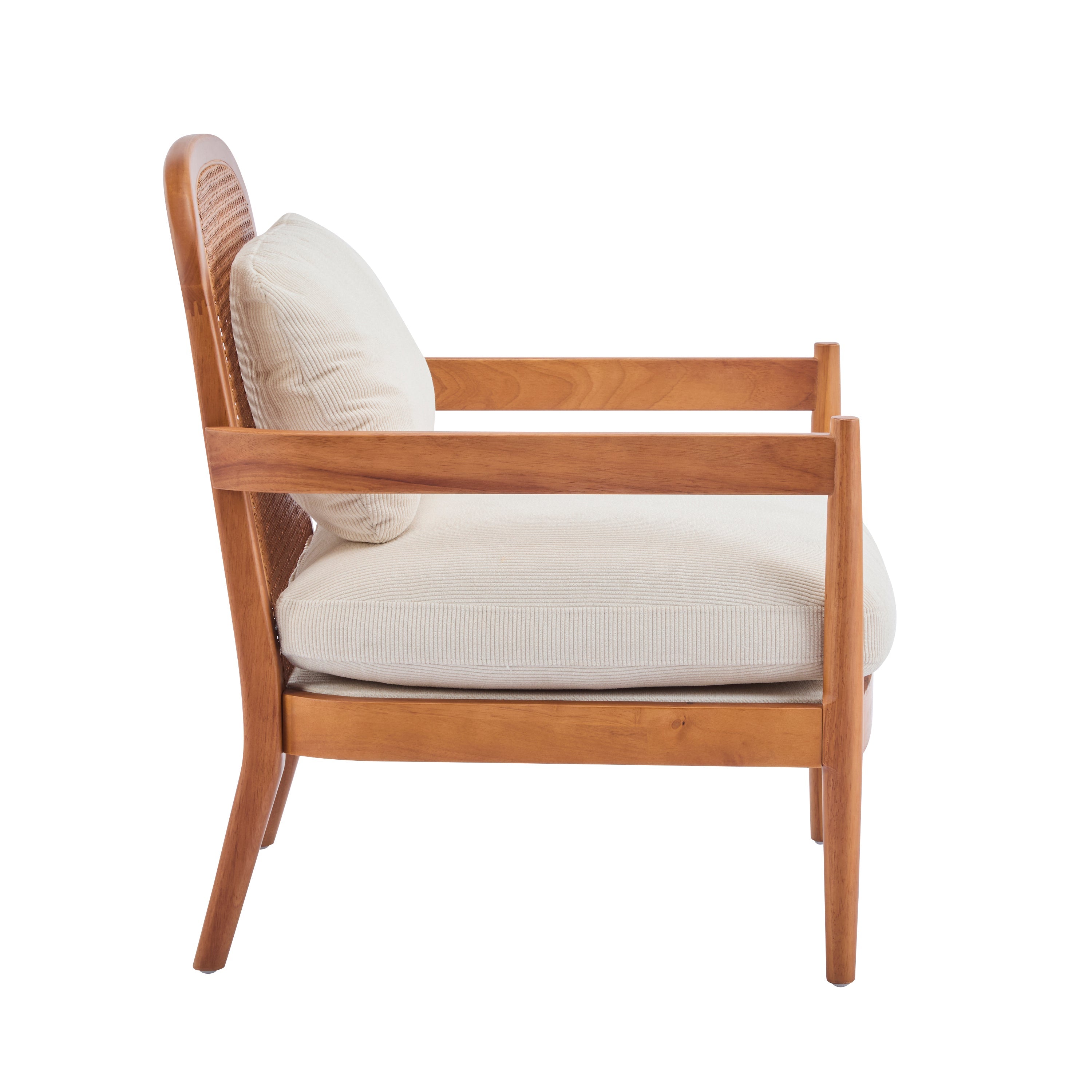 [Set of 2]  26.6' Mid-Century Modern Accent Chair with Walnut Finish Solid Wood Frame and Rattan Backrest, Beige Cushion with Striped Fabric,  Comfy Armchairs for Living Room, Bedroom, Reading Nook