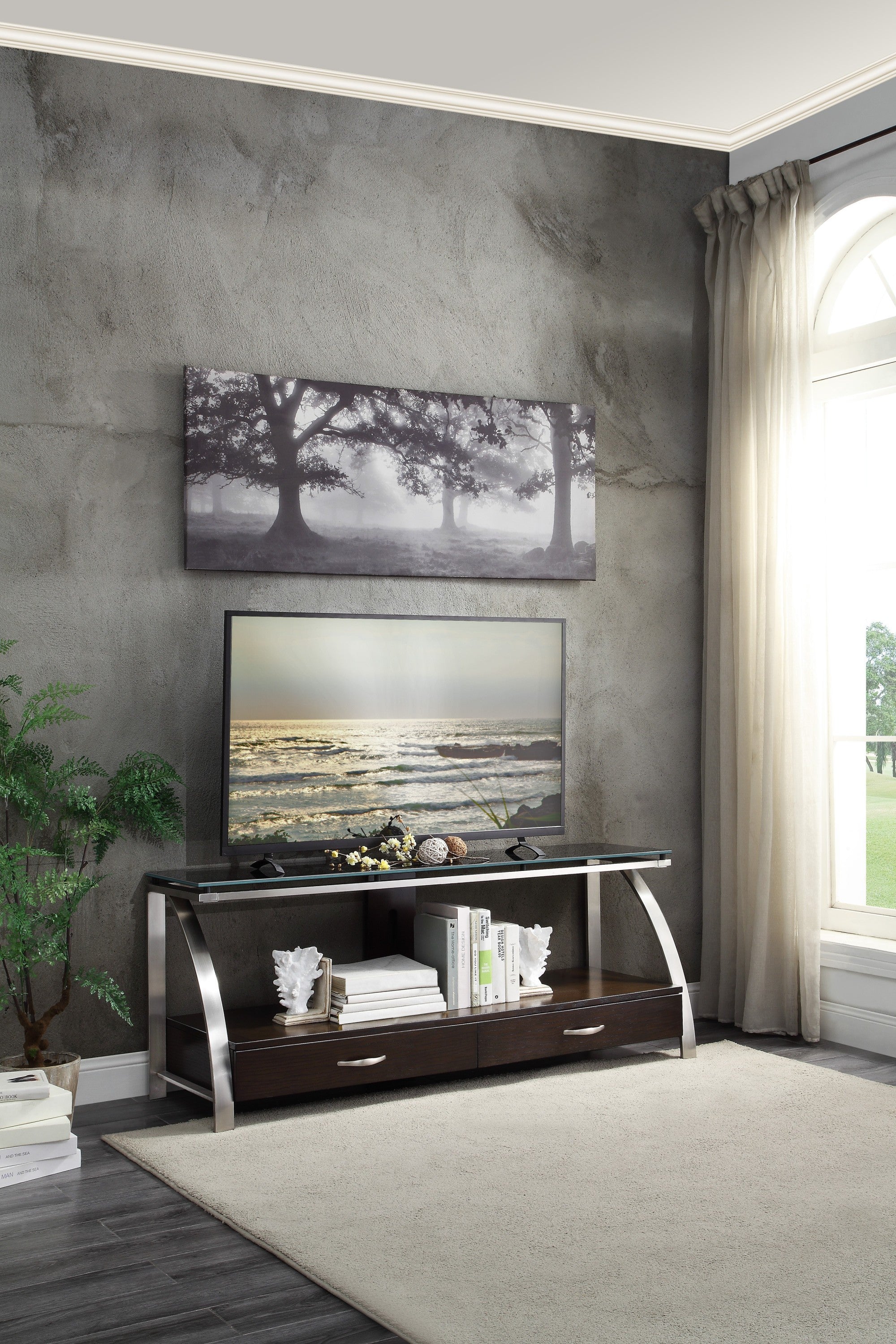 1pc Modern Design TV Stand Glass Top Stainless Steel Frame Living Room Furniture, TV Console Table