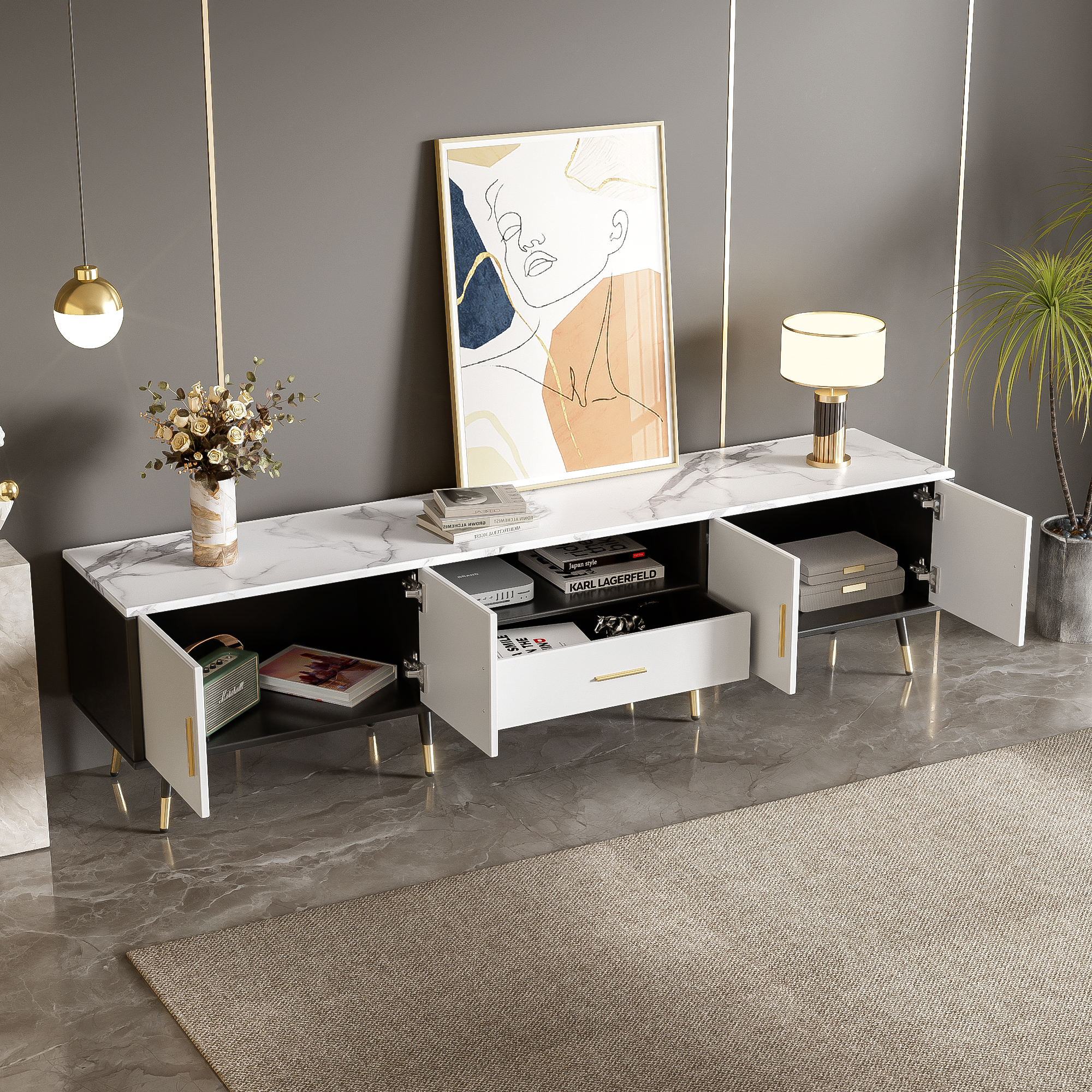 71'' Modern TV Stand with 2 Cabinets&  Open Compartments, Entertainment Center for TVs up to 80'', Television Console for Living Room, Bedroom, Home Theatre