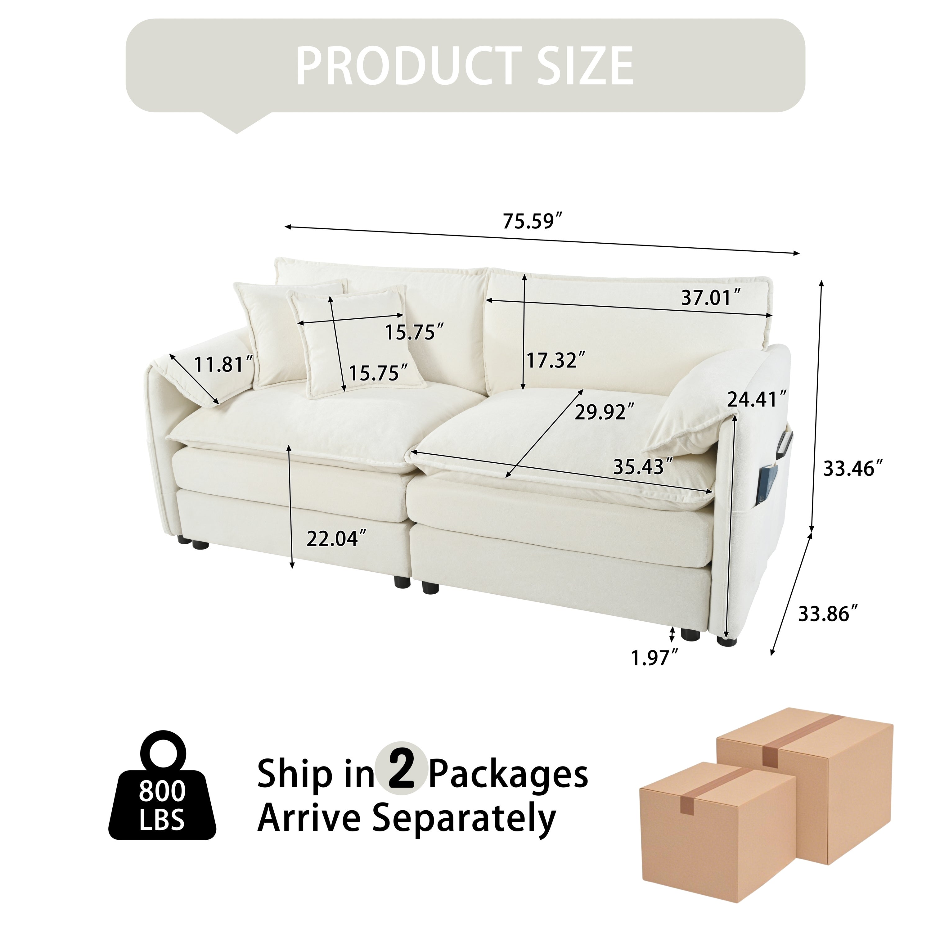 Oversized Chenille Loveseat Sofa, Oversized 2-Seater Small Cloud Couch, Modern Comfy Deep Seat Love Seat for Living Room Bedroom Office Apartment,DIY Combination,Beige