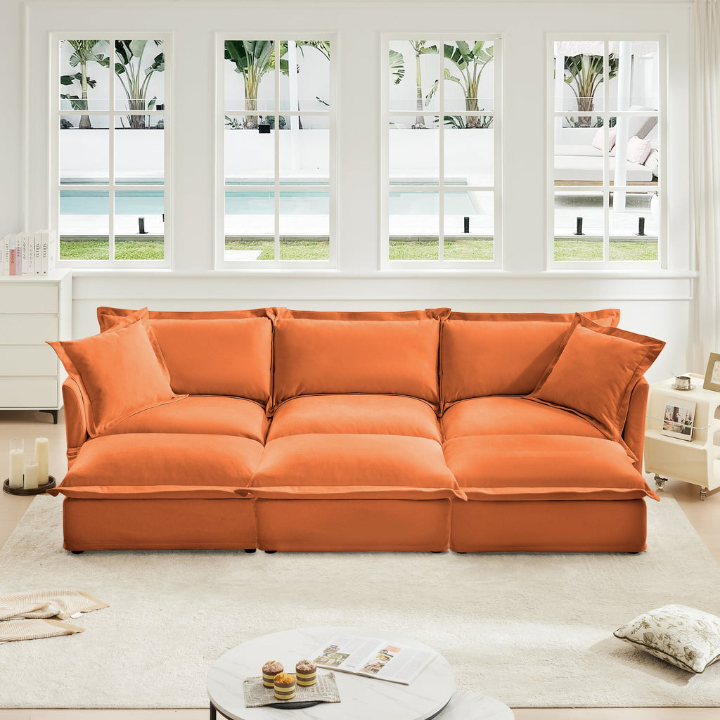 Living Room Sofa Slipcovered Sofa 3 Seater Sofa With 3 Ottomans, Oversized 3-Seat Sleeper Sofa Bed Home Theater Sofa, Chenille, orange