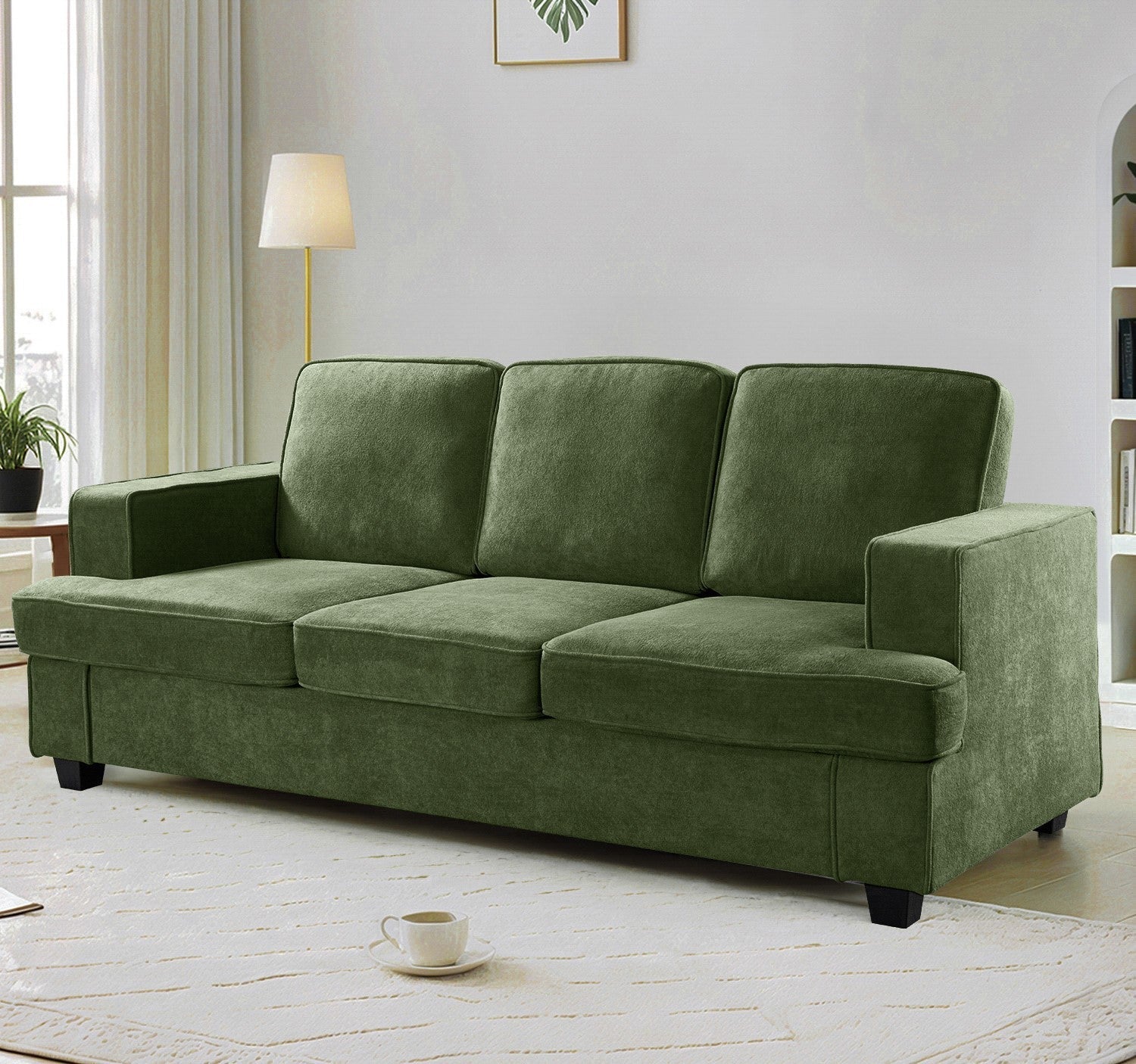 Modern Velvet Sofa, Comfortable 3 Seater Couch with Deep Seating and High-Density Foam, Loose Back Cushions, Wide Arms, Living Room Furniture for Home, Apartment, Office, Green