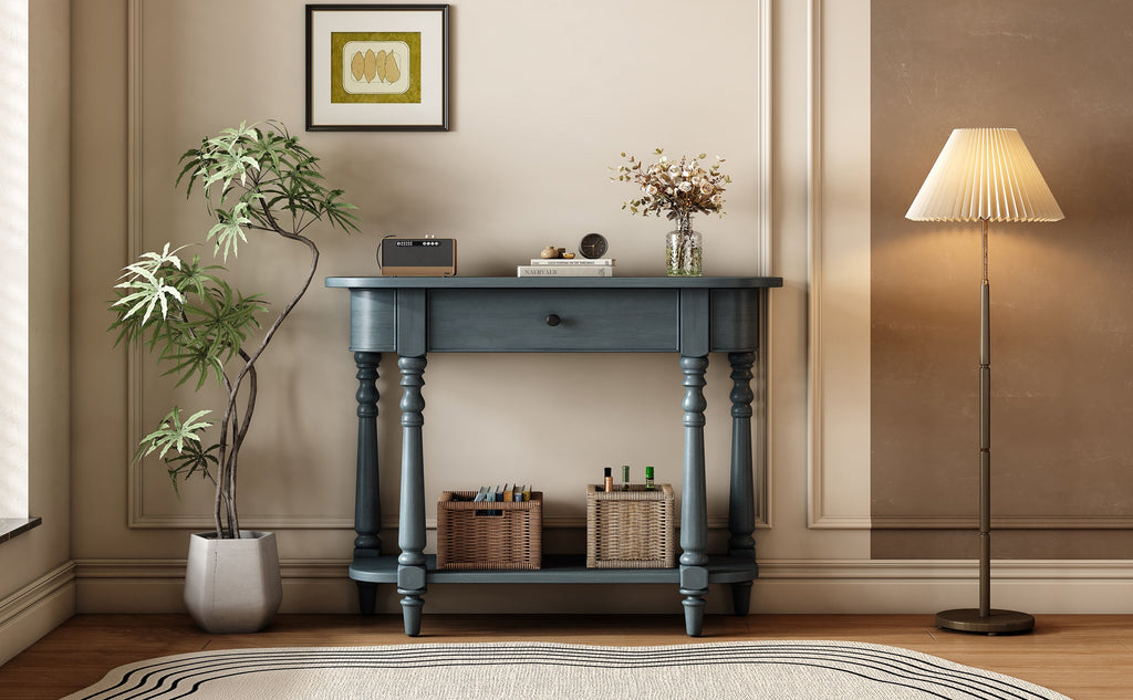TREXM Narrow Console Table with Curved Corner, Retro Entryway Table with Top Drawer and Open Shelf, Sofa Table Console Tables for Entryway, Hallway and Living Room (Navy)