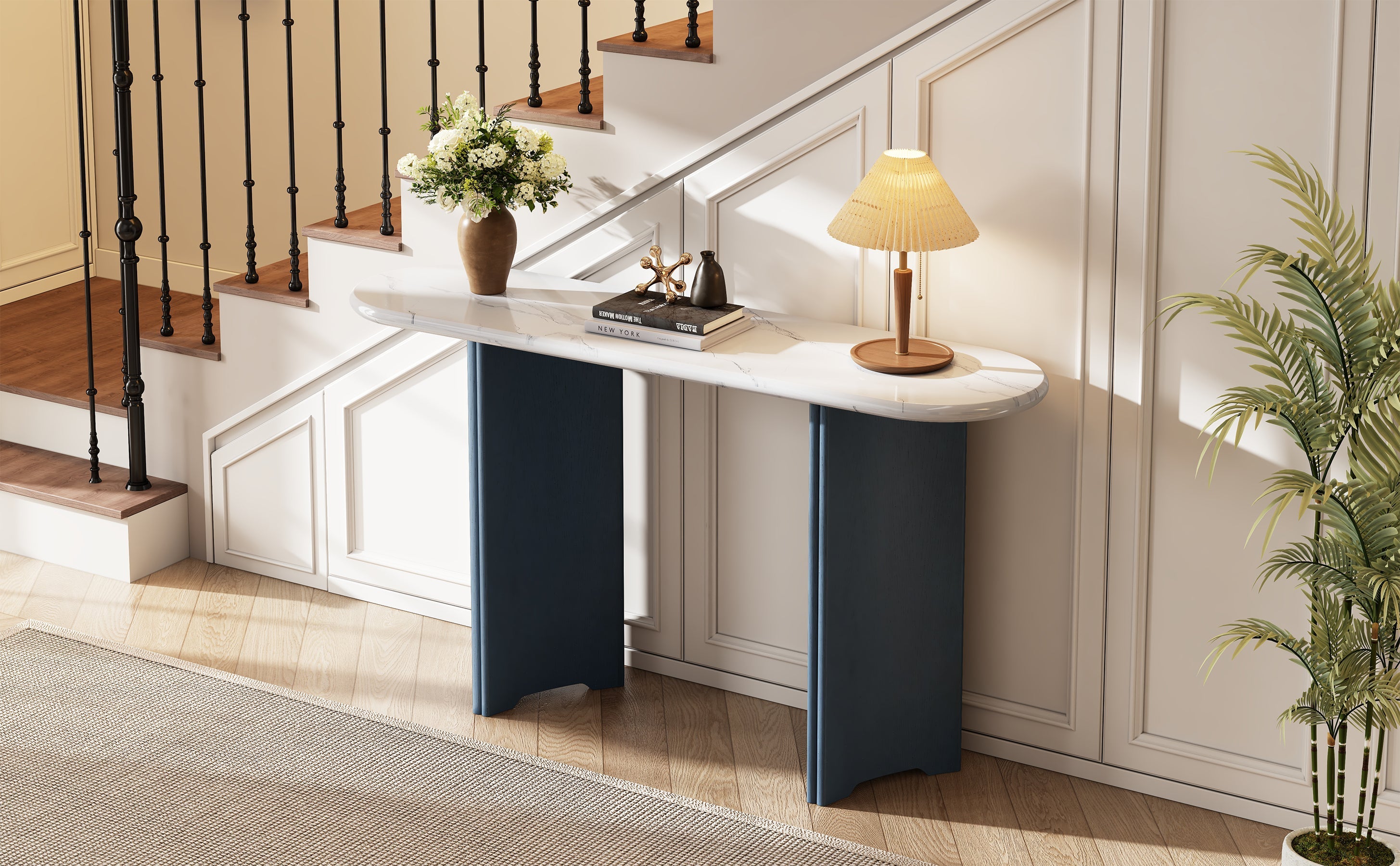 TREXM Narrow Console Table, Entryway Table with Oval Faux Marble Top, Rustic Sofa Table with Curved Legs, Hallway Accent Table for Entrance and Living Room (Navy+White)