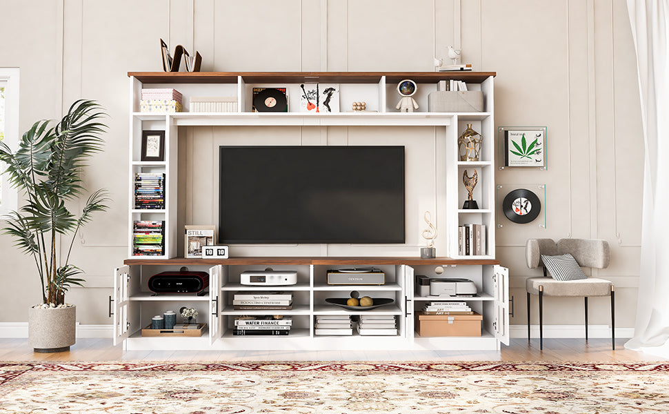 U-Can 95.5' W Wall Unit Entertainment Center with Bookshelves for TVs up to 80', Modern TV Stand Media Console with Cabinets, Tempered Glass Doors and Adjustable Shelves for Living Room