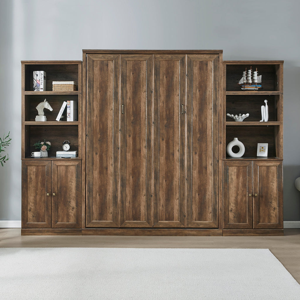 Queen Size Half Self-Close and Open Murphy Bed with 2 Side Cabinet Storage Shelf, Cabinet Space-Saving Bed Perfect for Guest Room, Bed Room, Guest Room, Home Office, Brown