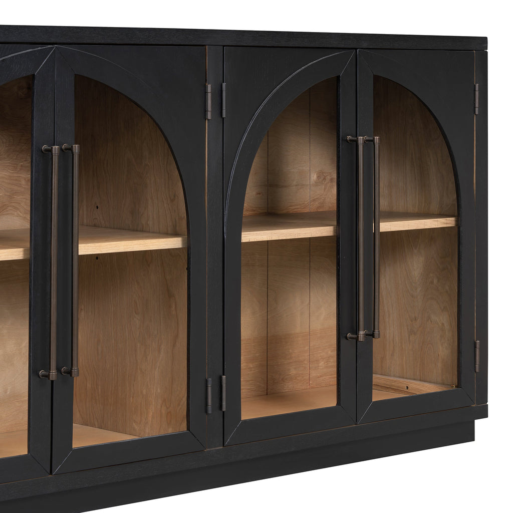 TREXM 4-Door Large Storage Sideboard Buffet Cabinet with Glass Doors, Arched Cabinet with Adjustable Shelves for Kitchen, Dining Room and Living Room (Black)