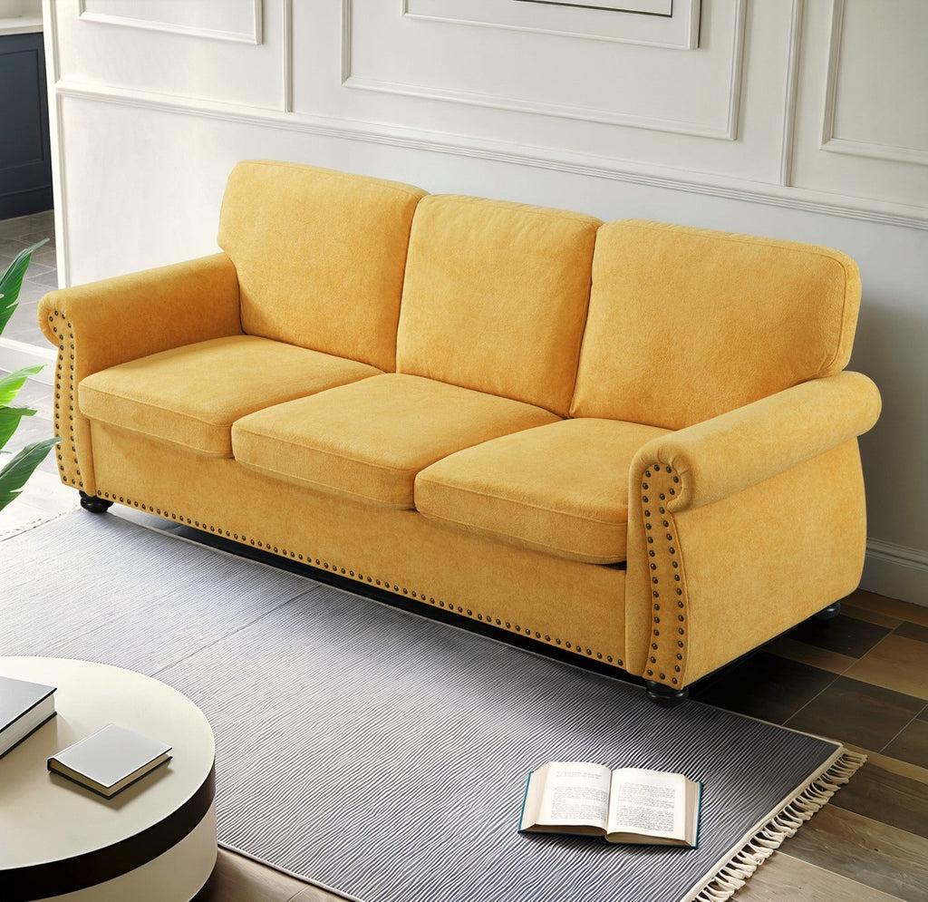 Soft Velvet Sofa, Upholstered 3 Seater Couch with High-Density Foam, Loose Back Cushions and Solid Wood Turned Legs, Chic Living Room Furniture for Home, Apartment and Office, Mustard yellow