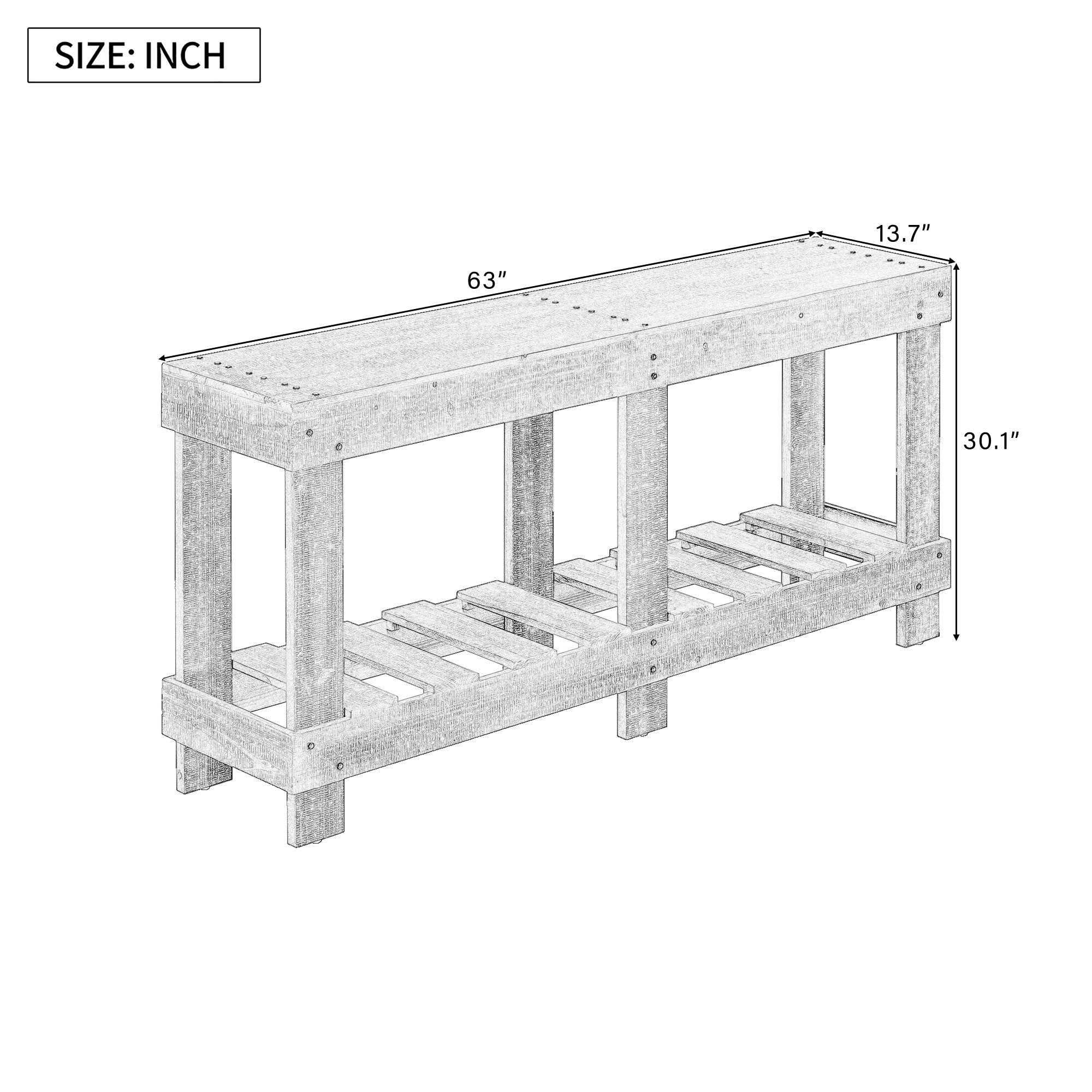 U_Style 62.9' Vintage Entryway Table - Fir Solid Wood with Natural Grain, 6 Reinforced Legs & 4.5' Thick Desktop, Metal Rivet Decor & Plank Under-Shelf, Console Table for Hallway, Living Room