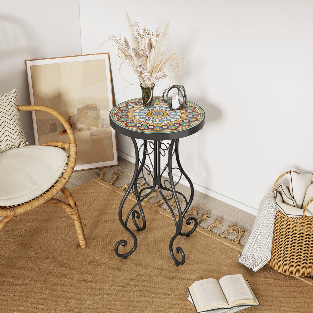 Vibrant French Country Round Ceramic Outdoor Side Table Black Ceramic Tile 14x14x22.44 inches
