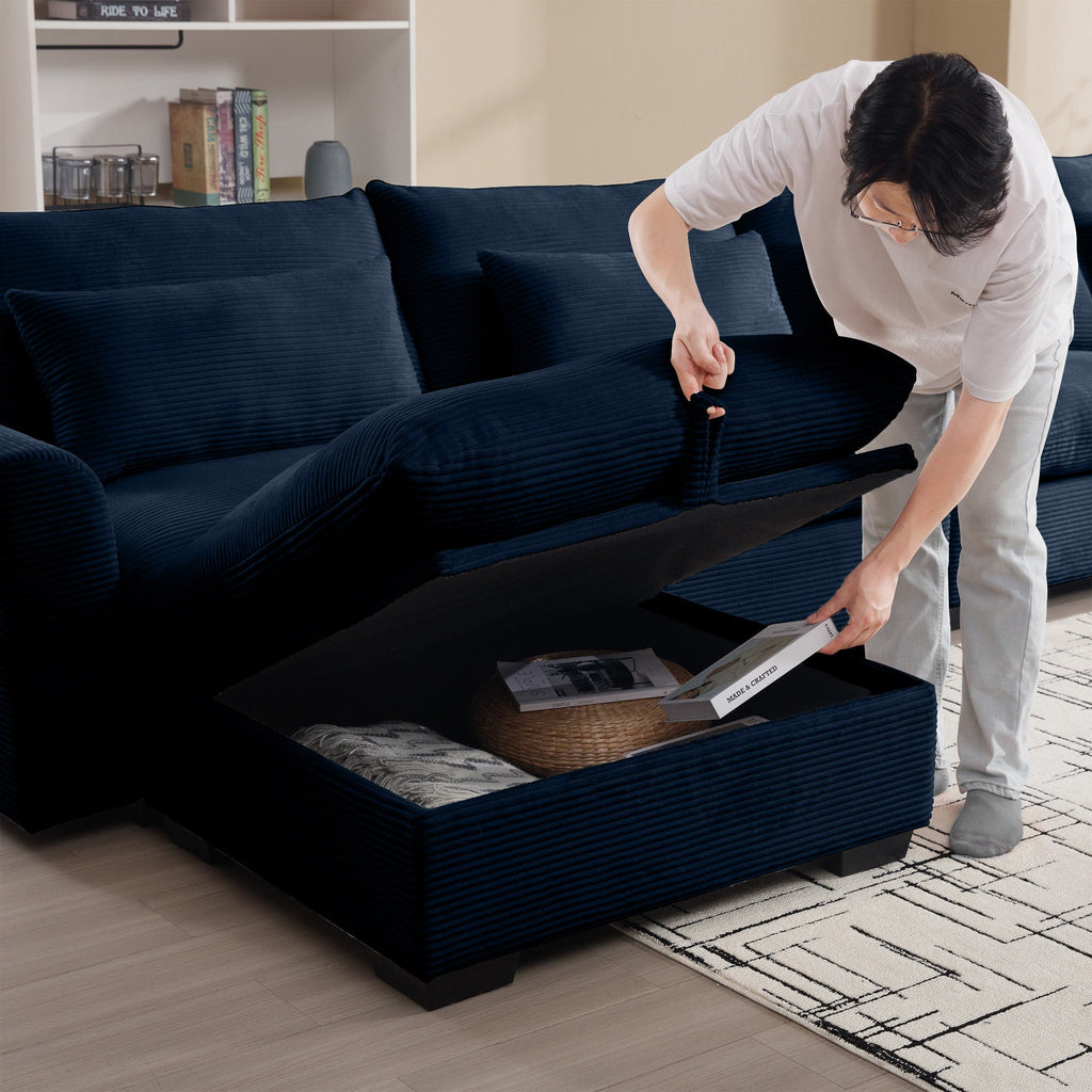 Large L Shape Sectional Corduroy Sofa,Deep Seat Couch with Storage Footstool and 4 Waist Pillows, Blue
