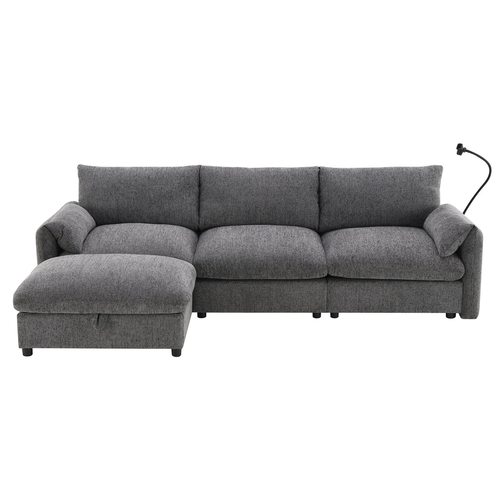96.5'' Chenille Sectional Sofa with Storage Ottoman and Pockets,Adjustable Phone Holder,Wide Seat,4 Seat L Shaped Couch Set,Comfy Sofa with USB Charger for Living Room,Apartment,3 Colors