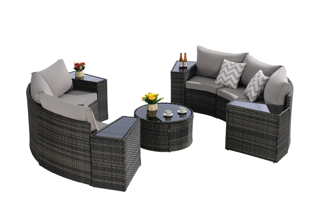 Outdoor Patio Furniture 11-Piece Half-Moon Sectional Round Patio Furniture Set Sofa with Tempered Glass Round Coffee Table