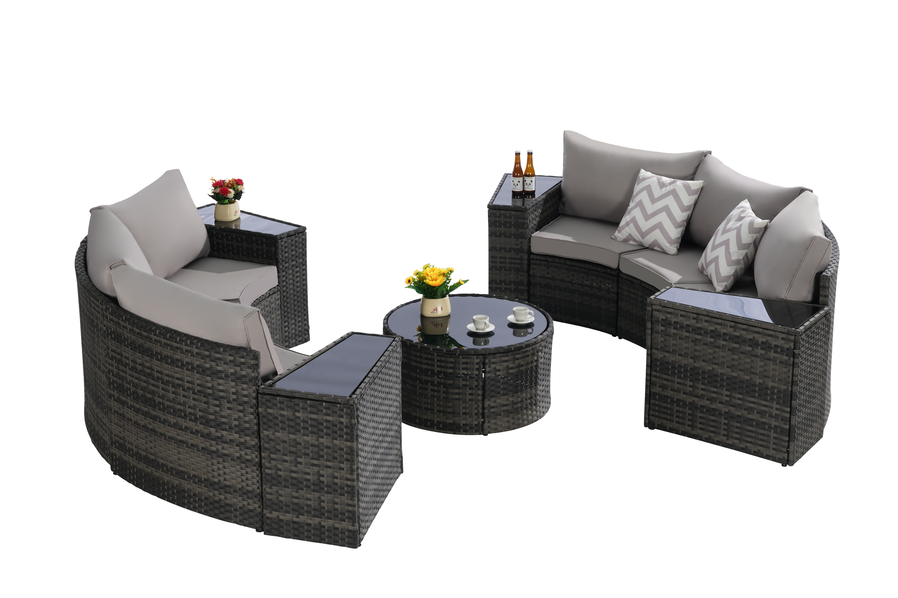 Outdoor Patio Furniture 11-Piece Half-Moon Sectional Round Patio Furniture Set Sofa with Tempered Glass Round Coffee Table