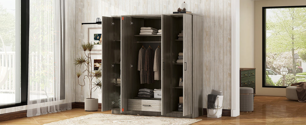 4-Door Wardrobe with 1 Drawer, Gray