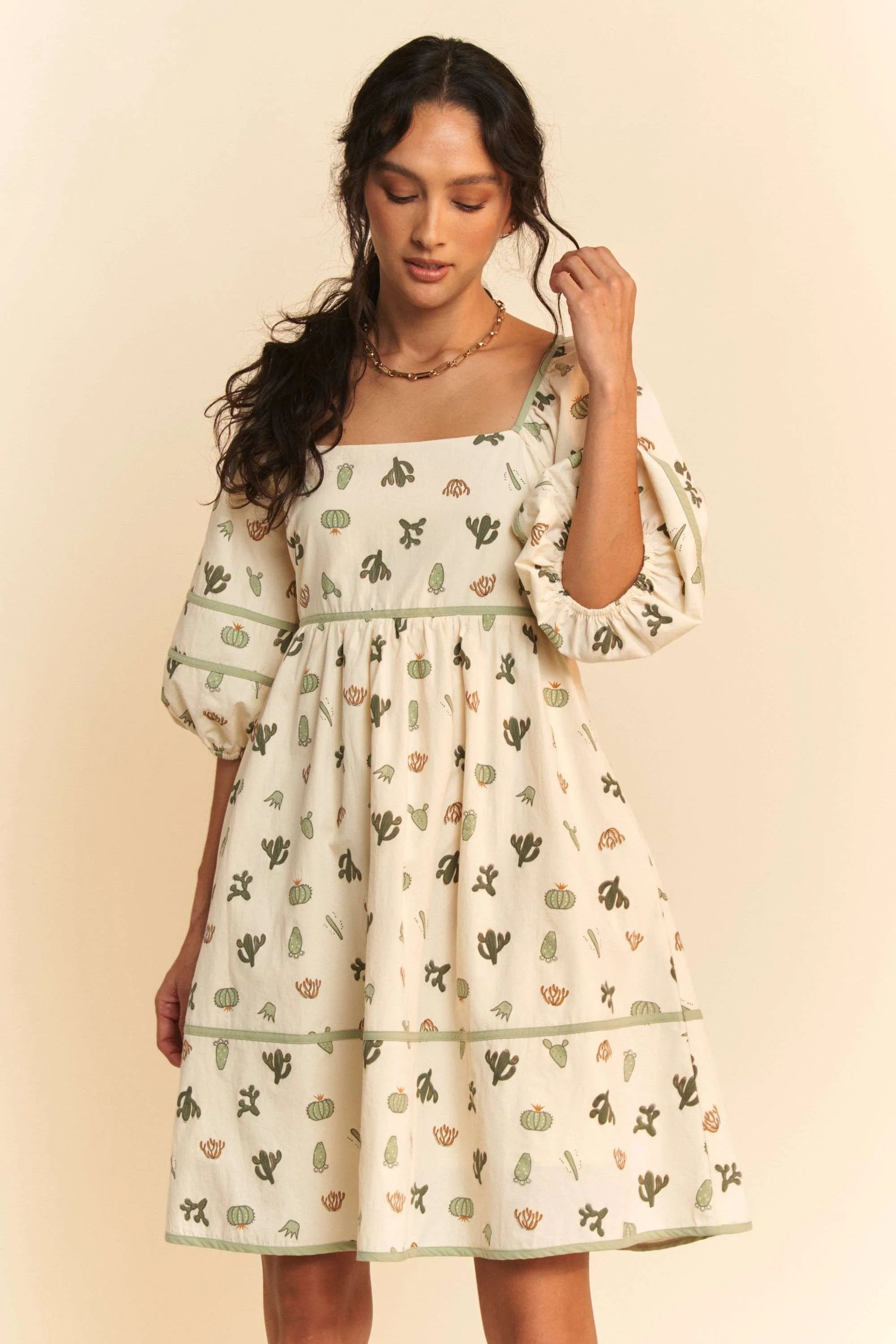 Davi & Dani Cactus Printed Poplin Contrast Piping Mini Dress