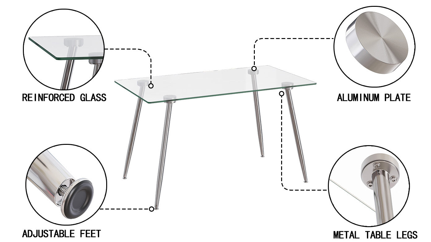 Glass Dining Table, Modern Rectangular Table with Tempered Glass Tabletop & Sliver metal Legs, Simplistic Kitchen Table, Versatile Table for Home Office (0 damage)