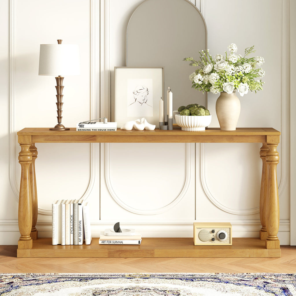 U_STYLE Vintage Wood Grain Console Table with Bottom Shelf and Four Vase Legs, Suitable for Entryway, Hallway, Living Room, Bedroom