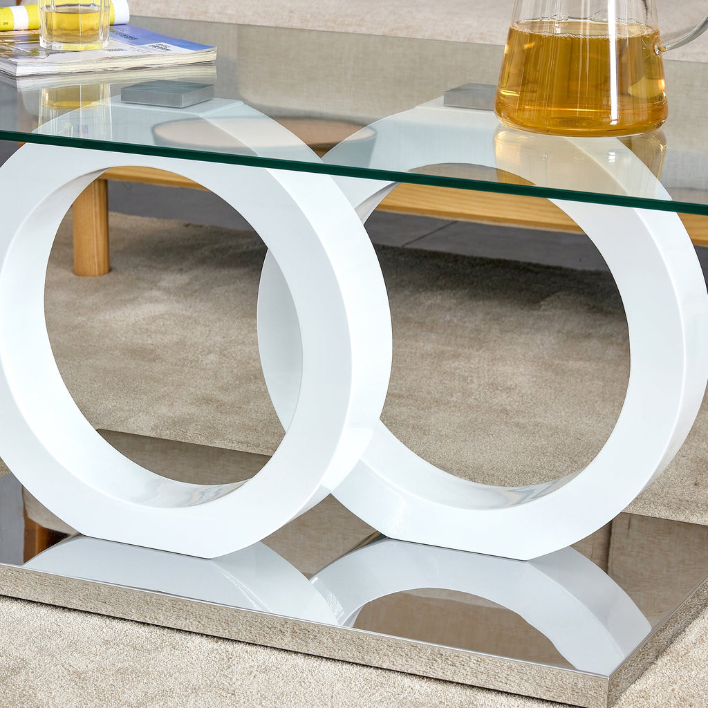 Rectangular modern and fashionable coffee table with tempered glass tabletop and white legs. Suitable for living room.47.2"*25.4"*17.9"