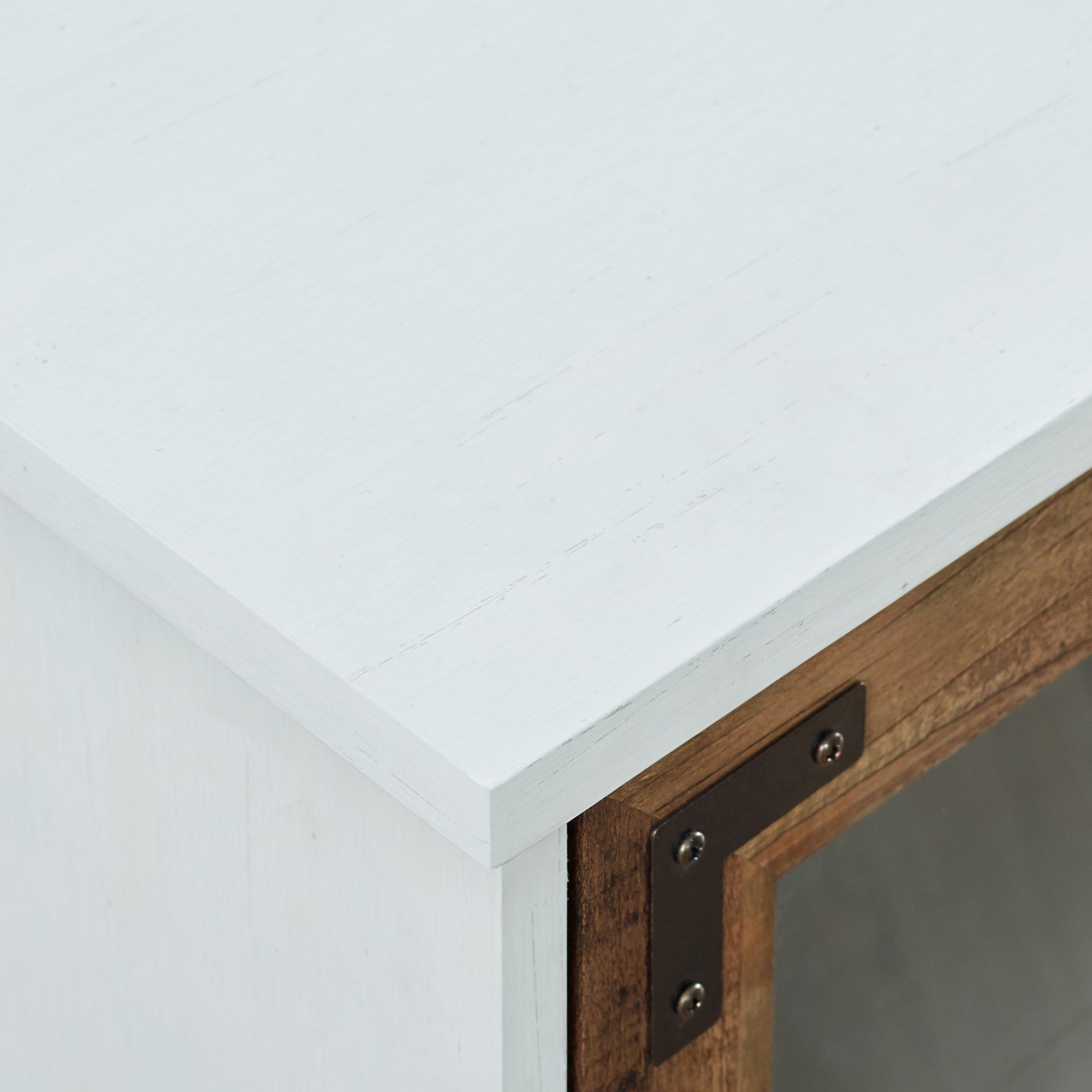 Modern Farmhouse Two-Tone Windowpane Glass-Door TV Stand for TVs up to 65' - Brushed White / Rustic Oak