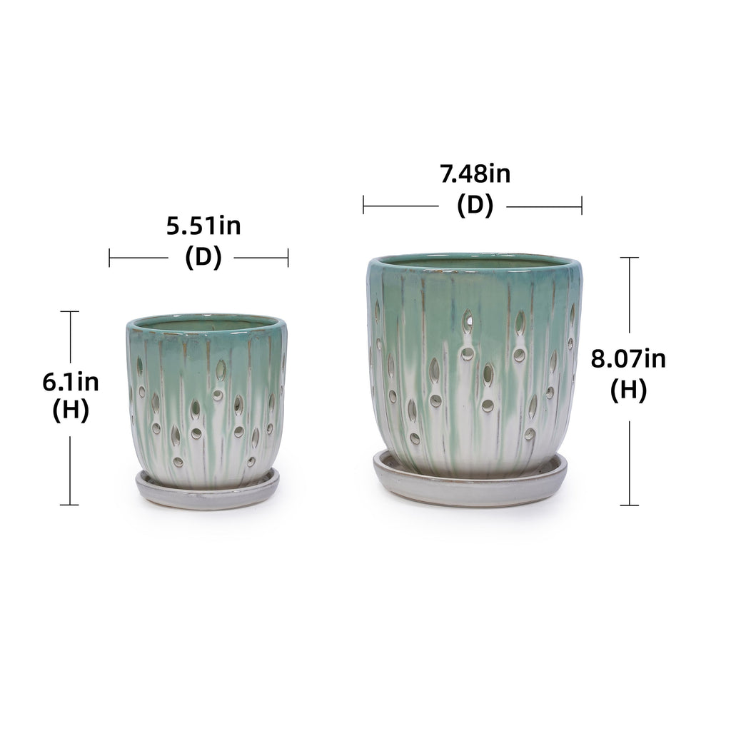 Set of 2 Ceramic Flowerpot with Drainage Hole, 8' Modern Planter for Patio, Garden, Windowsill - White Green