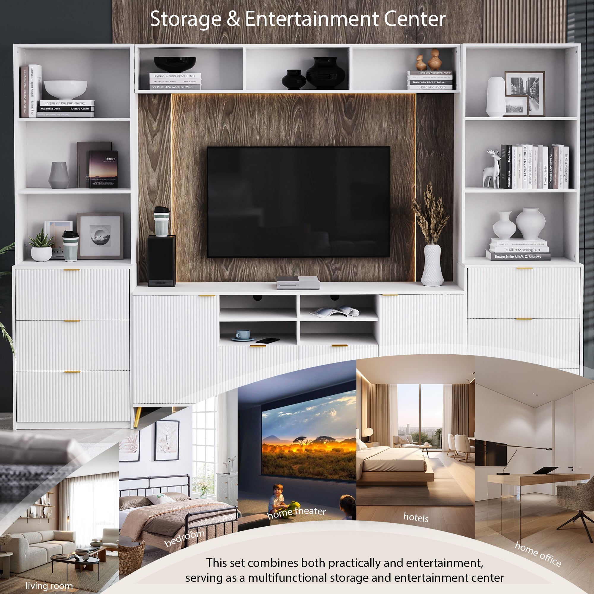 U-Can 4-Piece Entertainment Wall Unit with 13 shelves,8 Drawers and 2 Cabinets, Multifunctional TV Stand Media Storage Cabinet with Fluted Line Surface for Living Room, for TVs Up to 70'