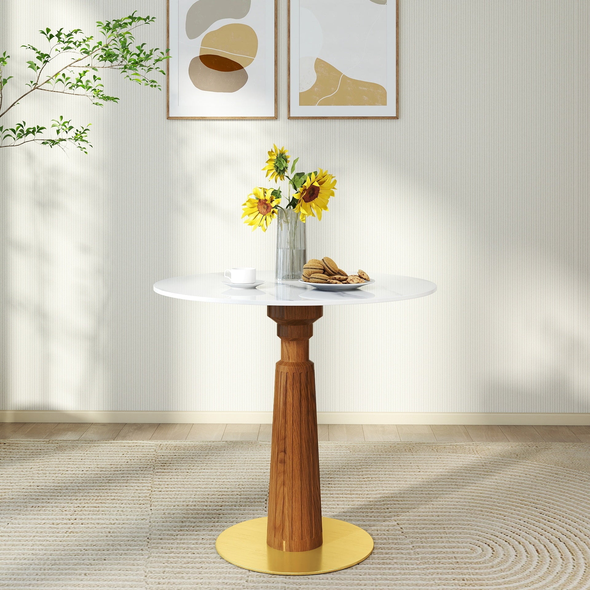 Modern Round Dining Table, 33.5' Sintered Stone Table with Wooden Leg & Gold Base, 2 - Person Kitchen Table for Small Space, 150lbs Weight Capacity(Only the Negotiation Table)