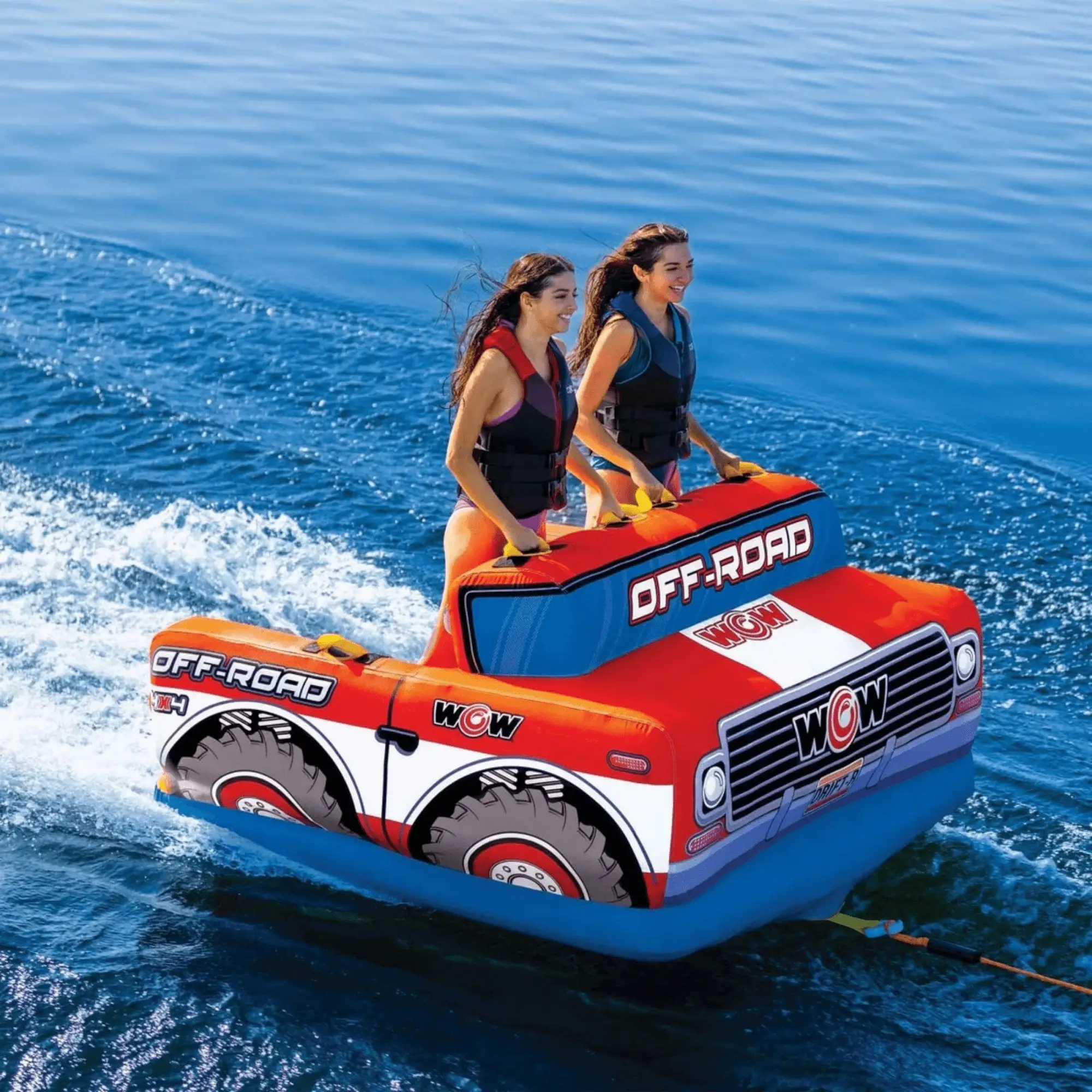 WOW Watersports Off-Road Truck 3-Person Towable in red and blue with WOW/OFF-ROAD logos