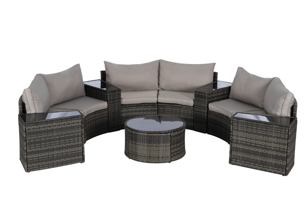Outdoor Patio Furniture 11-Piece Half-Moon Sectional Round Patio Furniture Set Sofa with Tempered Glass Round Coffee Table