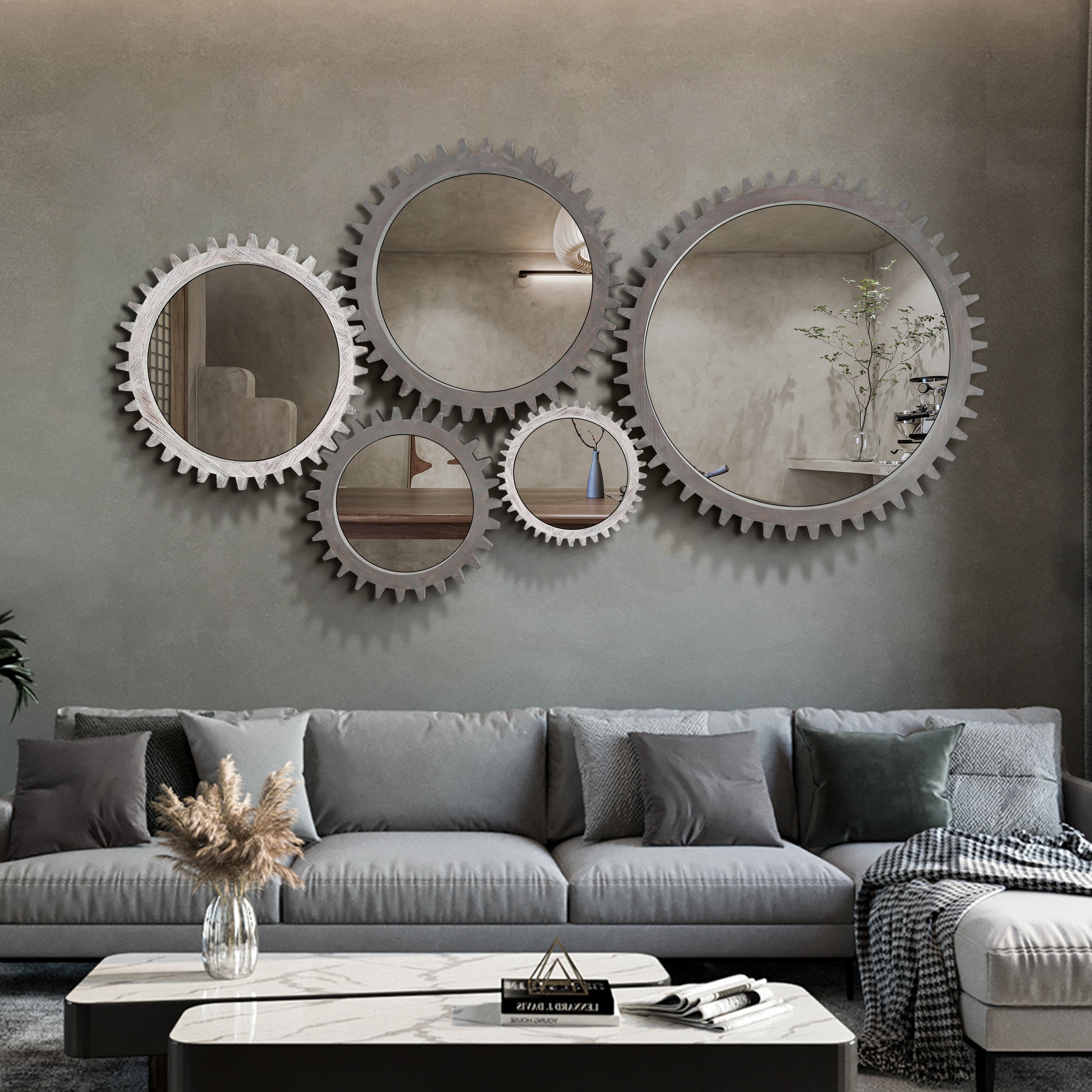 Vintage 26'' x 26'' Wall Wood Round Hanging Gear Shape Heavy Decorative Mirror For Bathroom Living Room Entryway Or Put Together To Your Liking(Antique Dark Brown)