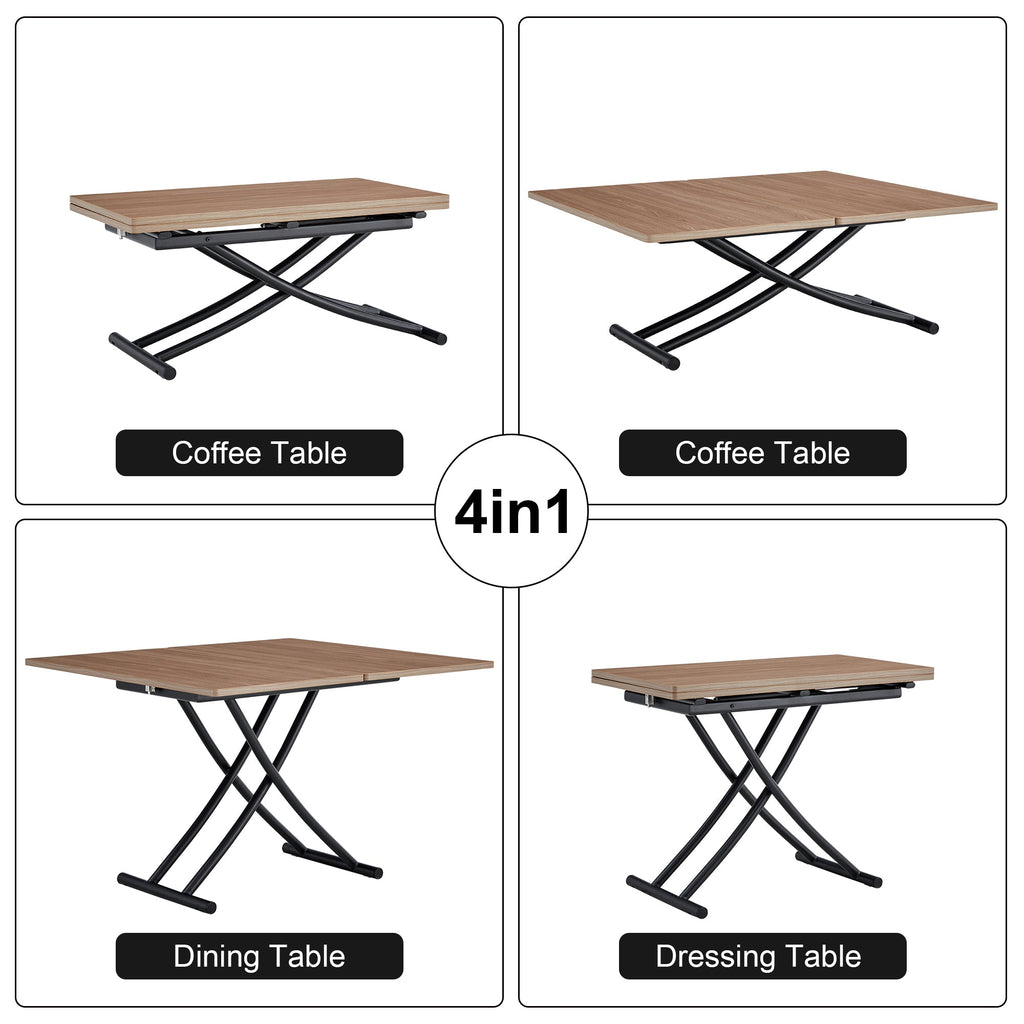 Modern minimalist multifunctional lifting table, with a 0.8-inch wood grain process sticker desktop and black metal legs, can be used as a dressing table, coffee table, dining table, and office table