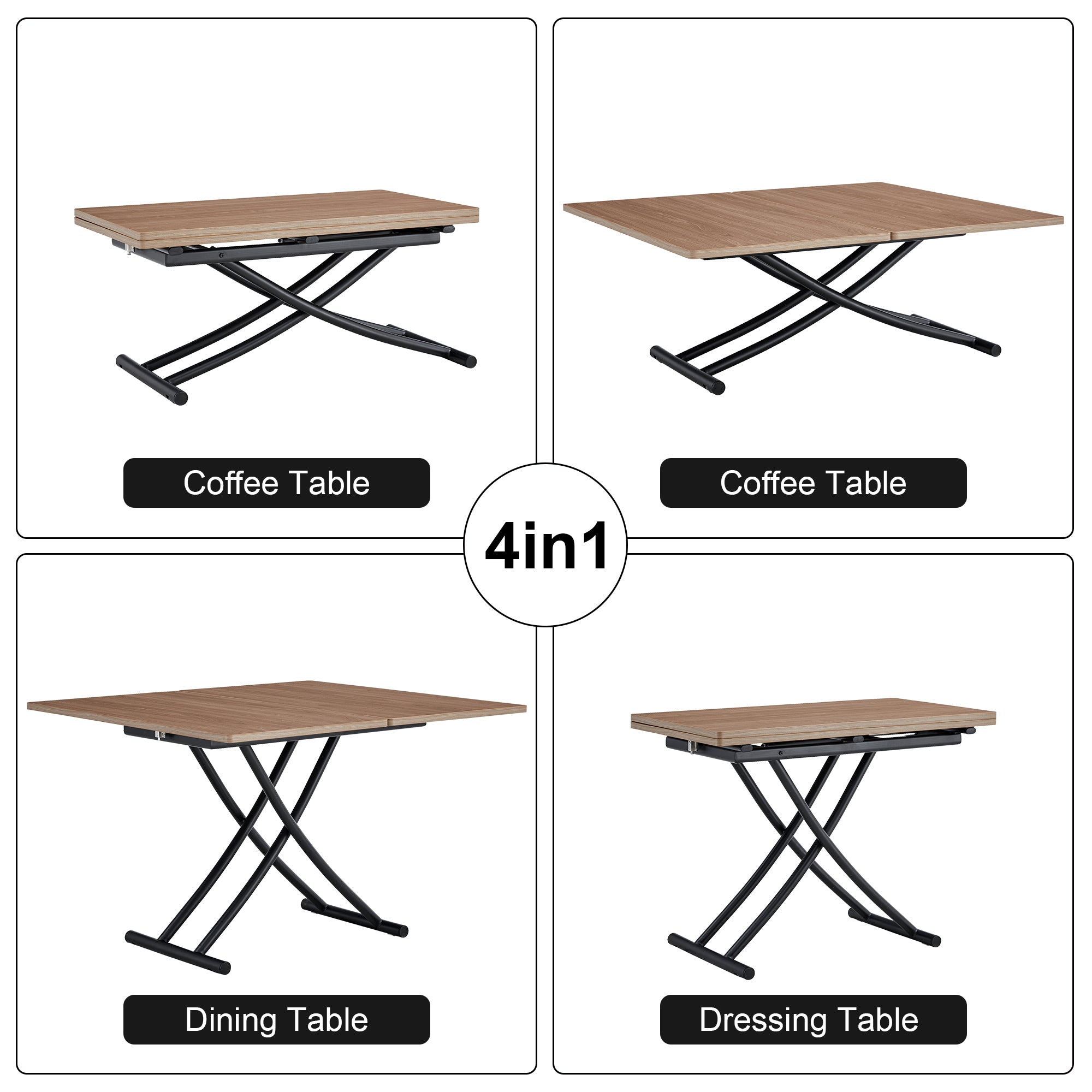 Modern minimalist multifunctional lifting table, with a 0.8-inch wood grain process sticker desktop and black metal legs, can be used as a dressing table, coffee table, dining table, and office table
