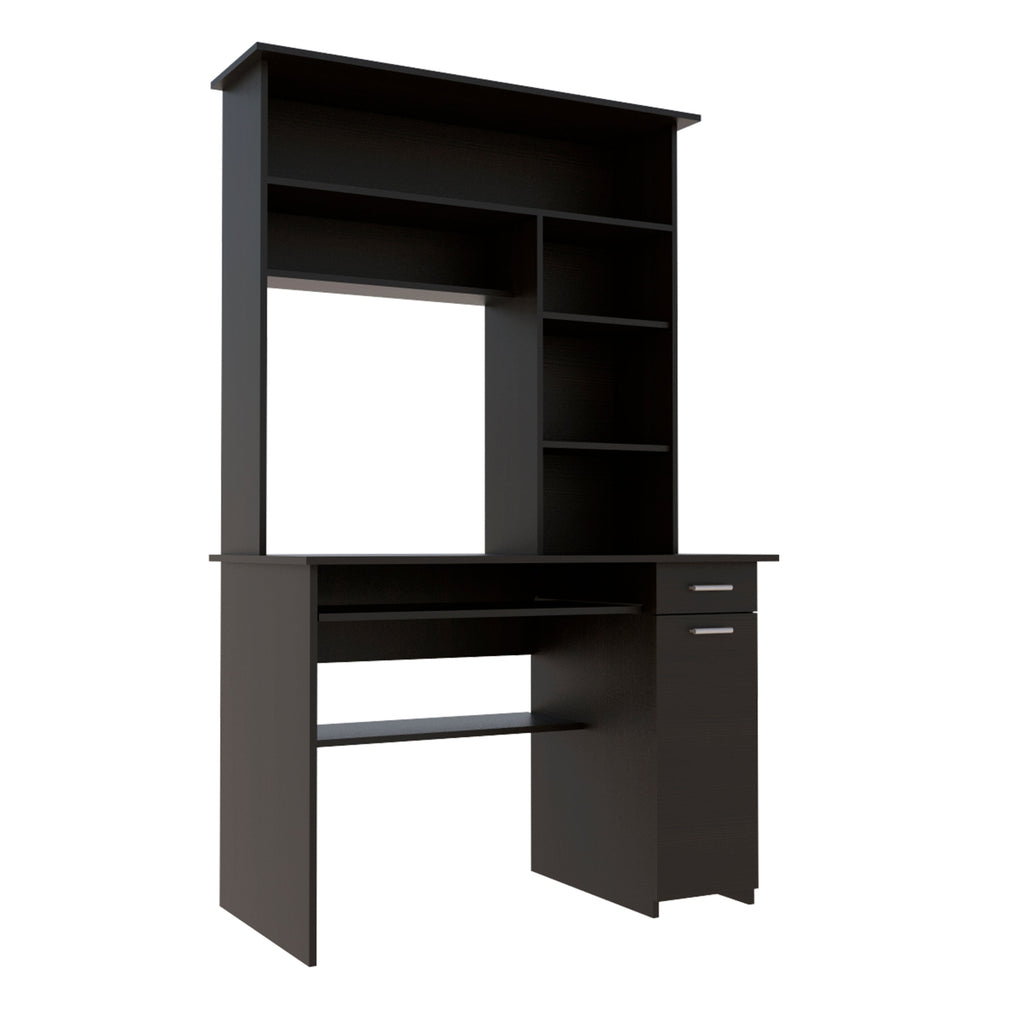 Compu Hutch Desk, Keyboard Tray, Door Panel For CPU, Multiple Shelves, One Drawer, Black