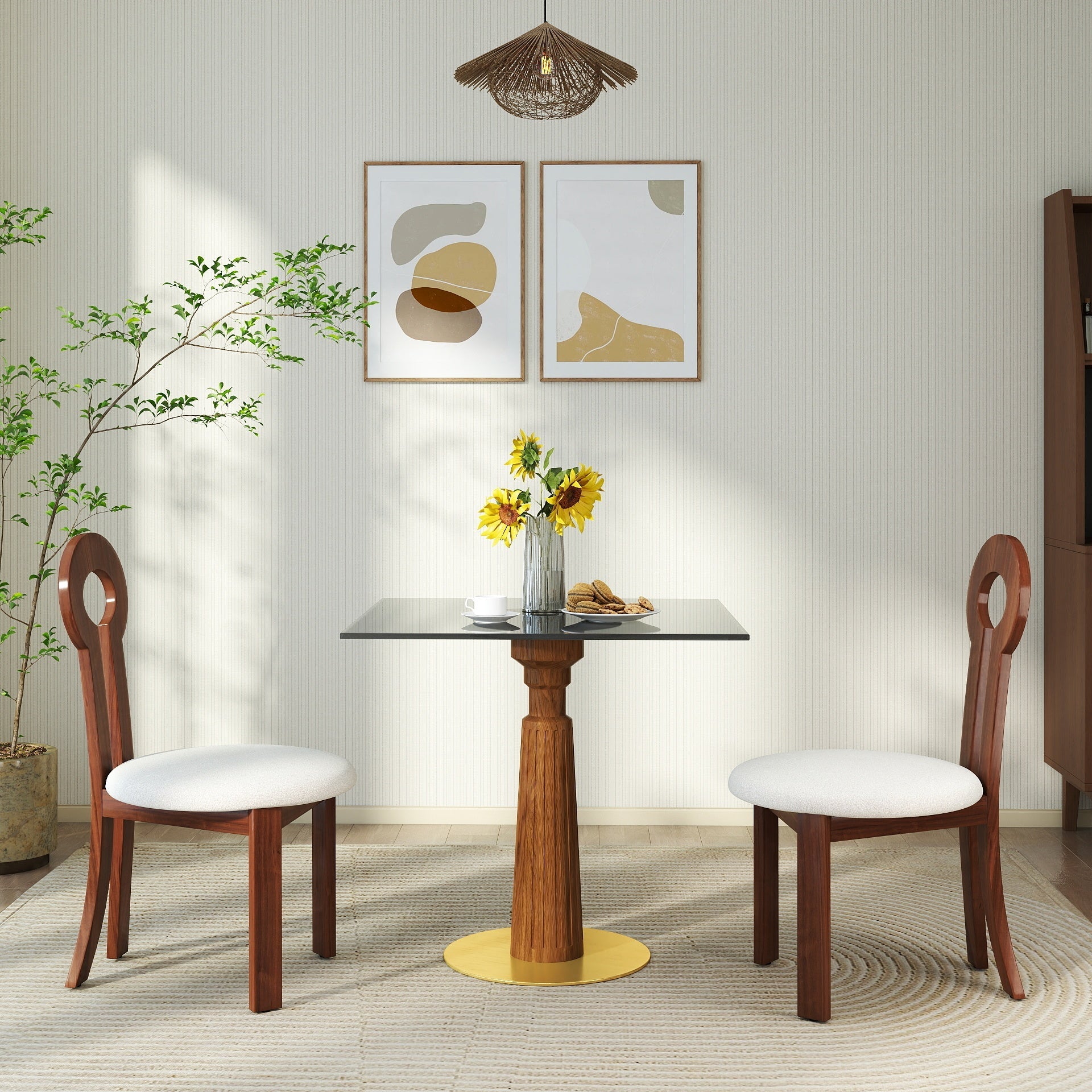 Modern Square Dining Table, 33.5' Tempered Glass Table with Wooden Leg & Gold Base, 2 - Person Kitchen Table for Small Space, 150lbs Weight Capacity(Only the Negotiation Table)