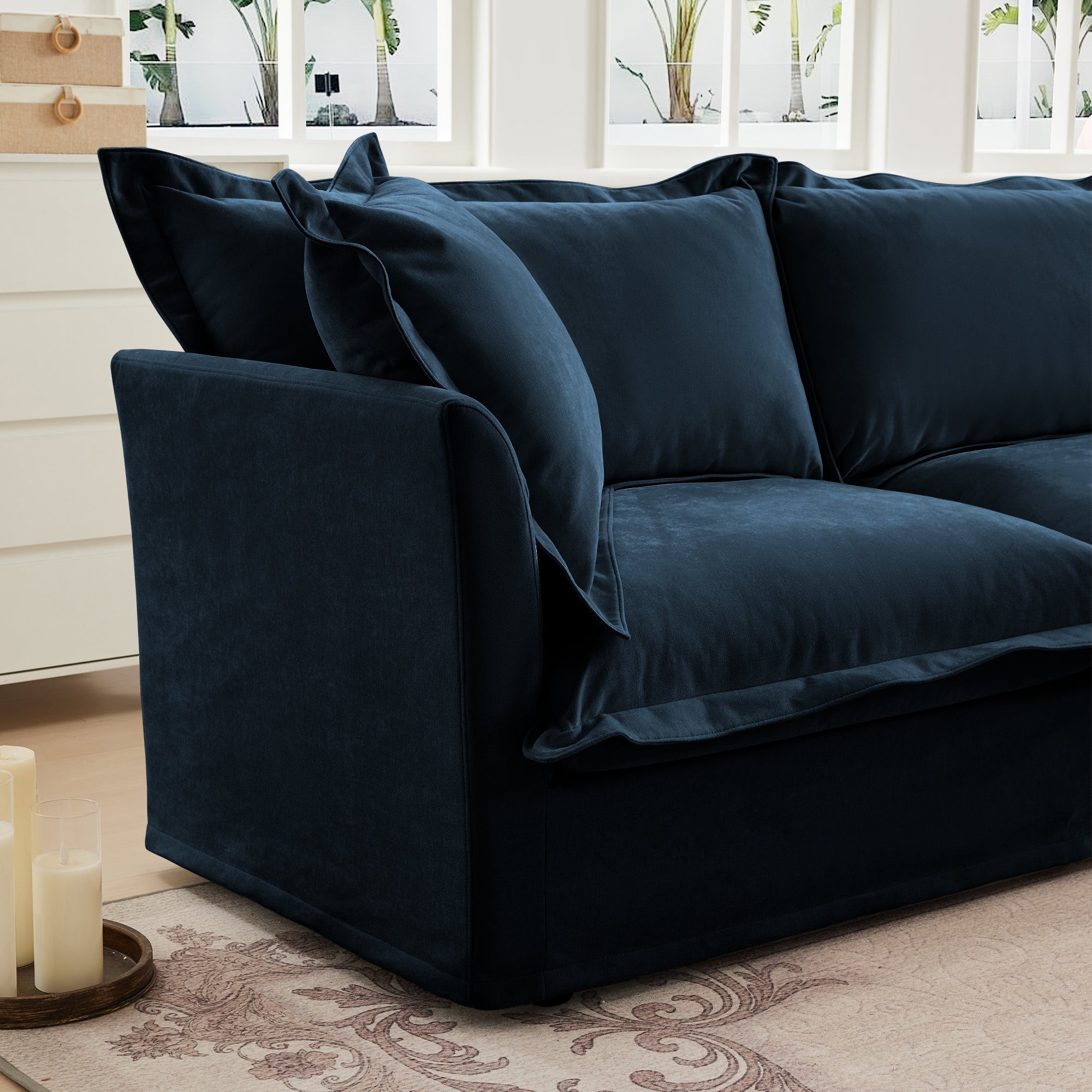 Slipcovered Sofa Couch, Modern 3 Seater Sofa with Suppleness Armrests,Deep Seat Sofa with Soft Multiple Big Pillows, Comfy Couch for Living Room, Apartment,Chenille, Blue