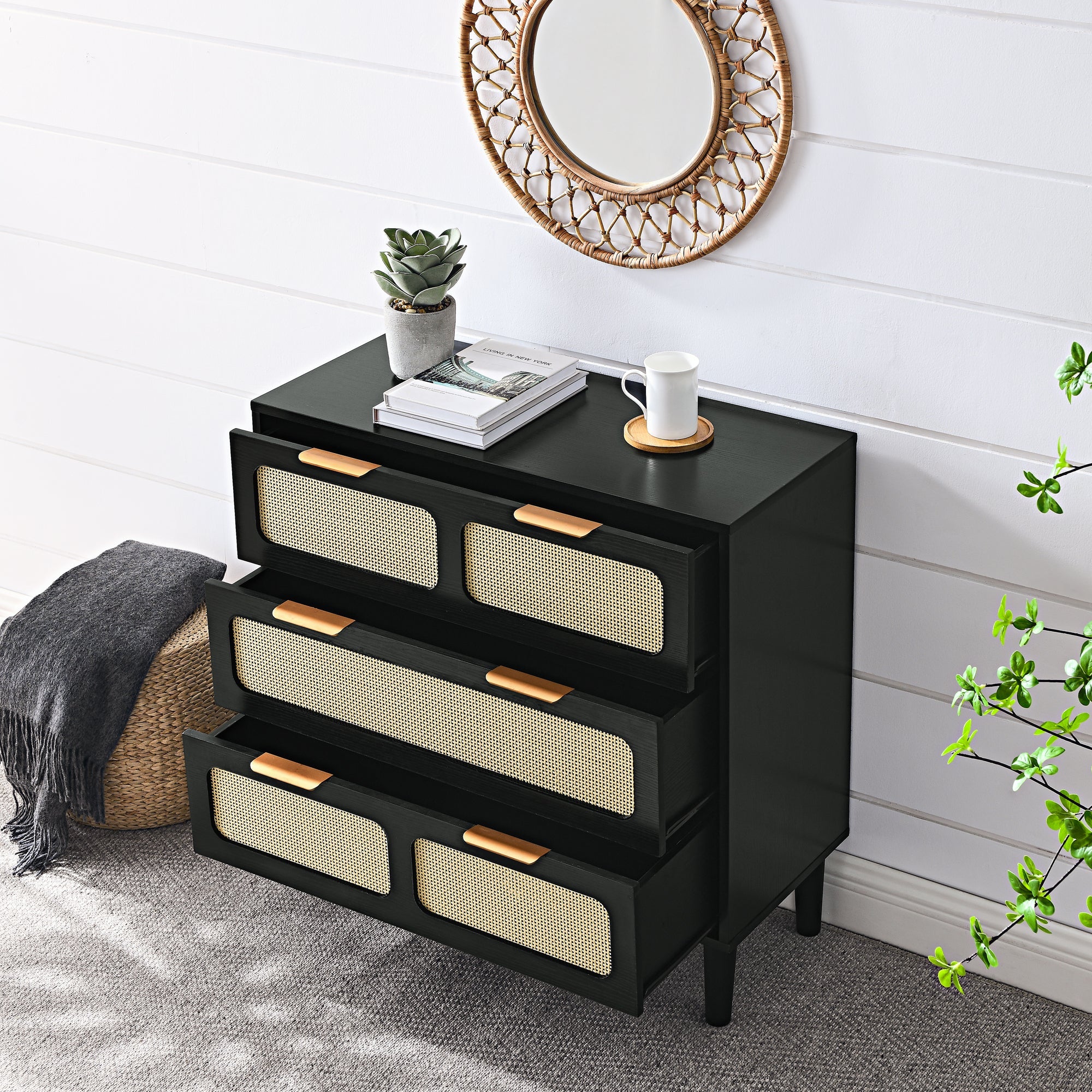3 drawer dresser, modern rattan dresser cabinet with wide drawers and metal handles, farmhouse wooden storage chest of drawers for room, living room, hallway, entrance, office