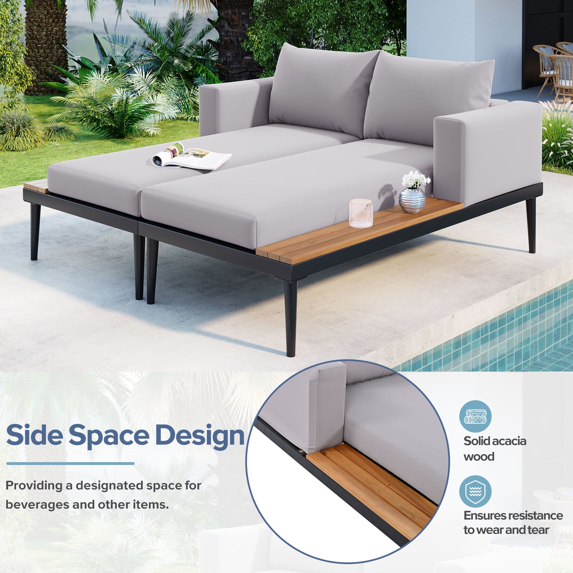 TOPMAX Modern Outdoor Daybed Patio Metal Daybed with Wood Topped Side Spaces for Drinks, 2 in 1 Padded Chaise Lounges for Poolside, Balcony, Deck, Gray