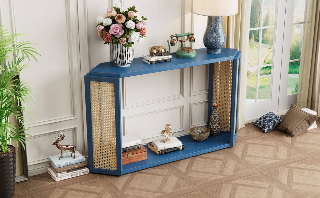 TREXM Narrow Console Table with Unique Irregular Top Design, Entryway Table with Open Shelf, Rattan Sofa Table for Living Room Hallway and Entrance (Antique Blue)