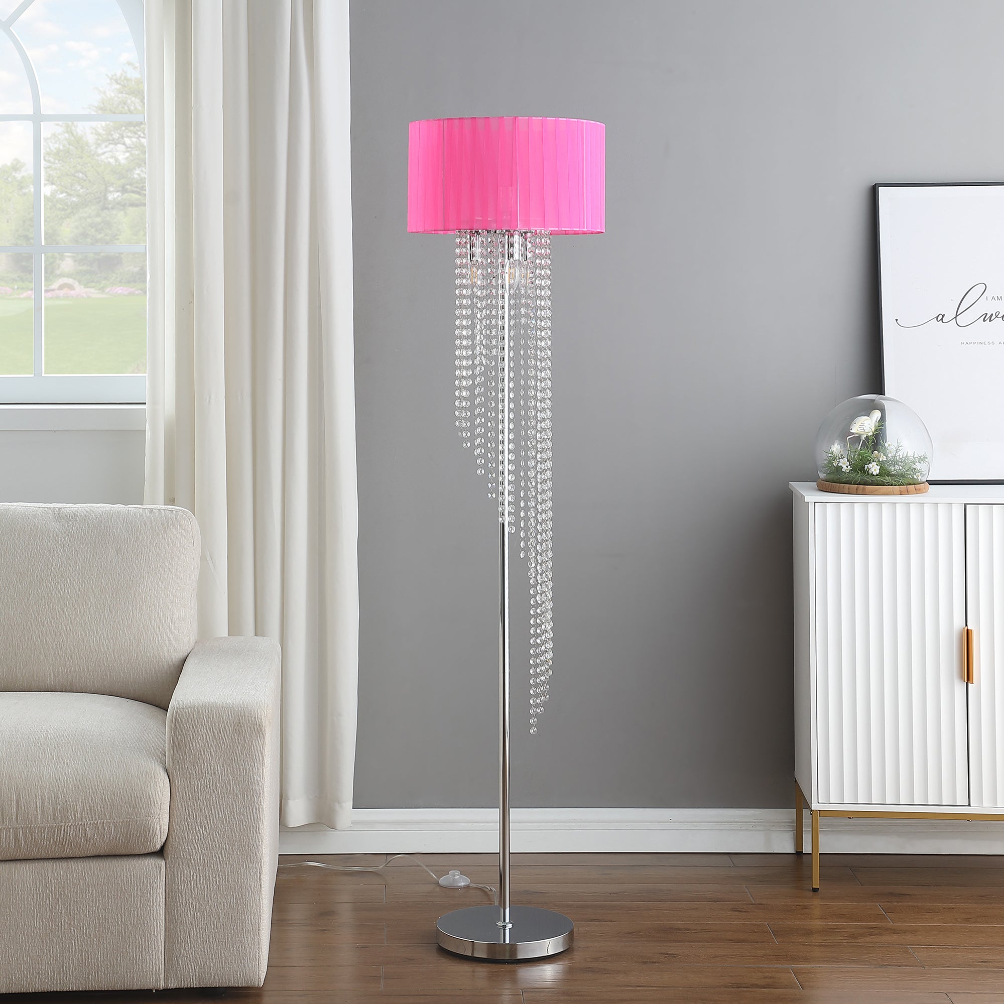 65.75'H Sheer Hot Pink Drum Shade Rain Crystal Chrome Metal Floor Lamp for Living Room, Standing Lamp for Bedroom