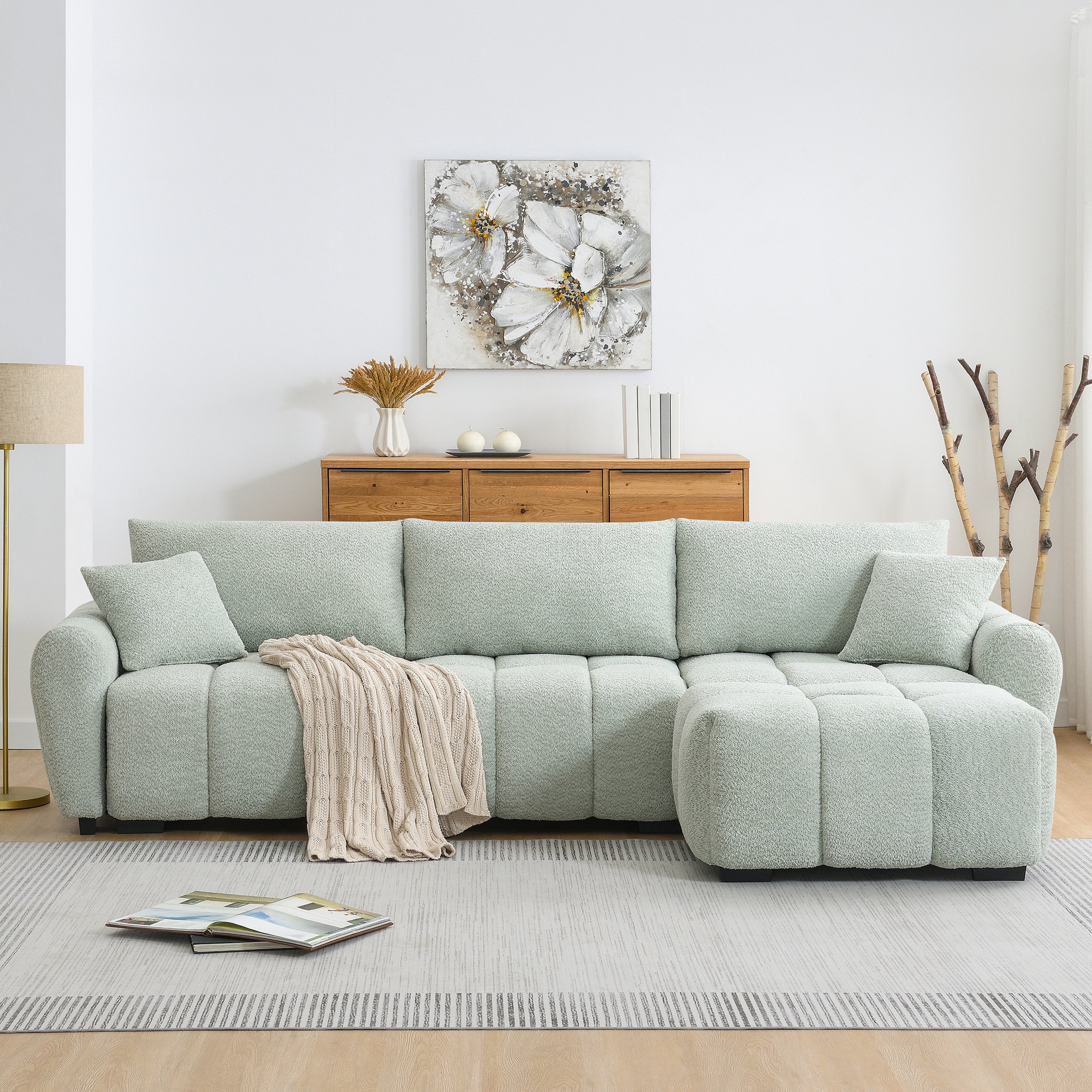 110' Modular Sectional Sofa, L Shape with Extra-large Seat, Pull-line Design, Movable Ottoman, High Density Foam, Free Combination, Sturdy Metal&Wood Frame, Boucle Fabric, 3 Colors