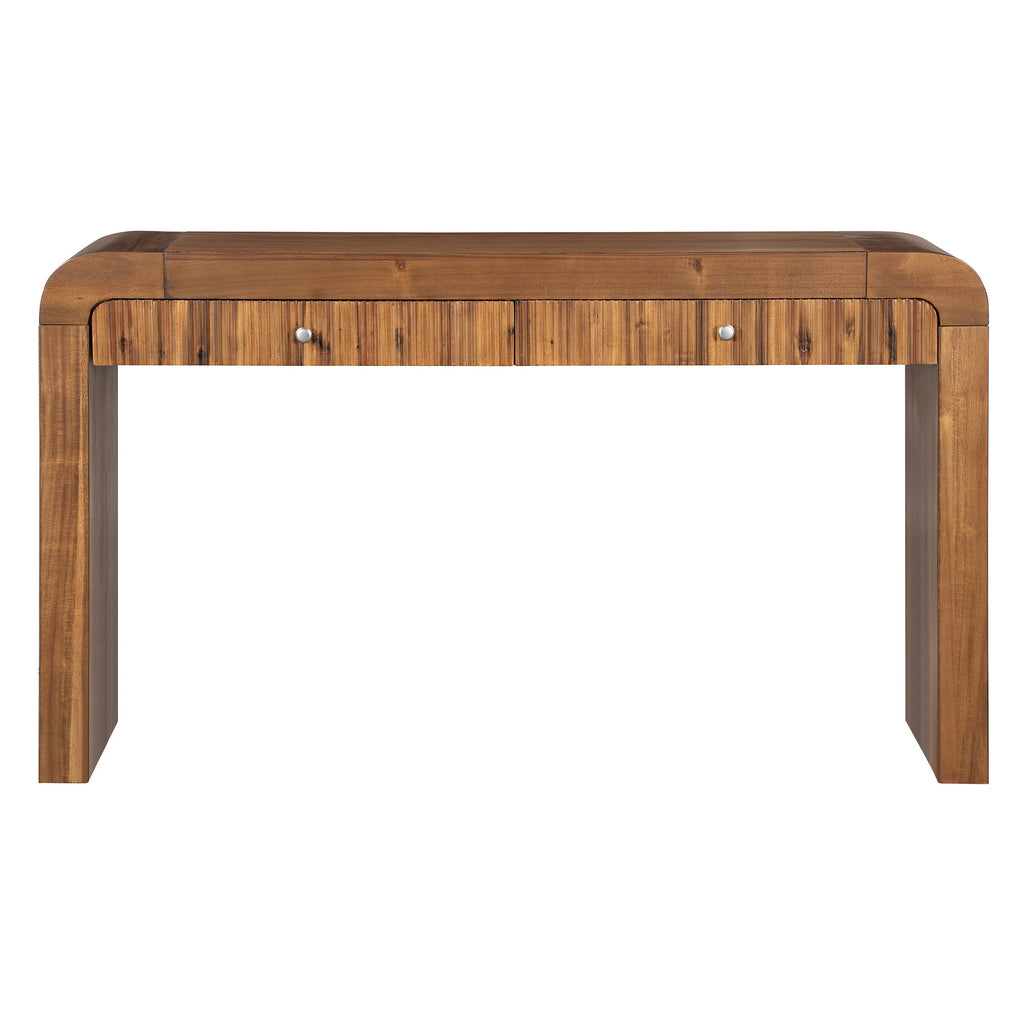 TREXM Rustic Console Table with Fluted Drawer Front, Entryway Table with Curved Corners & Thick Legs, Sturdy Sofa Table for Hallway & Living Room (Brown)