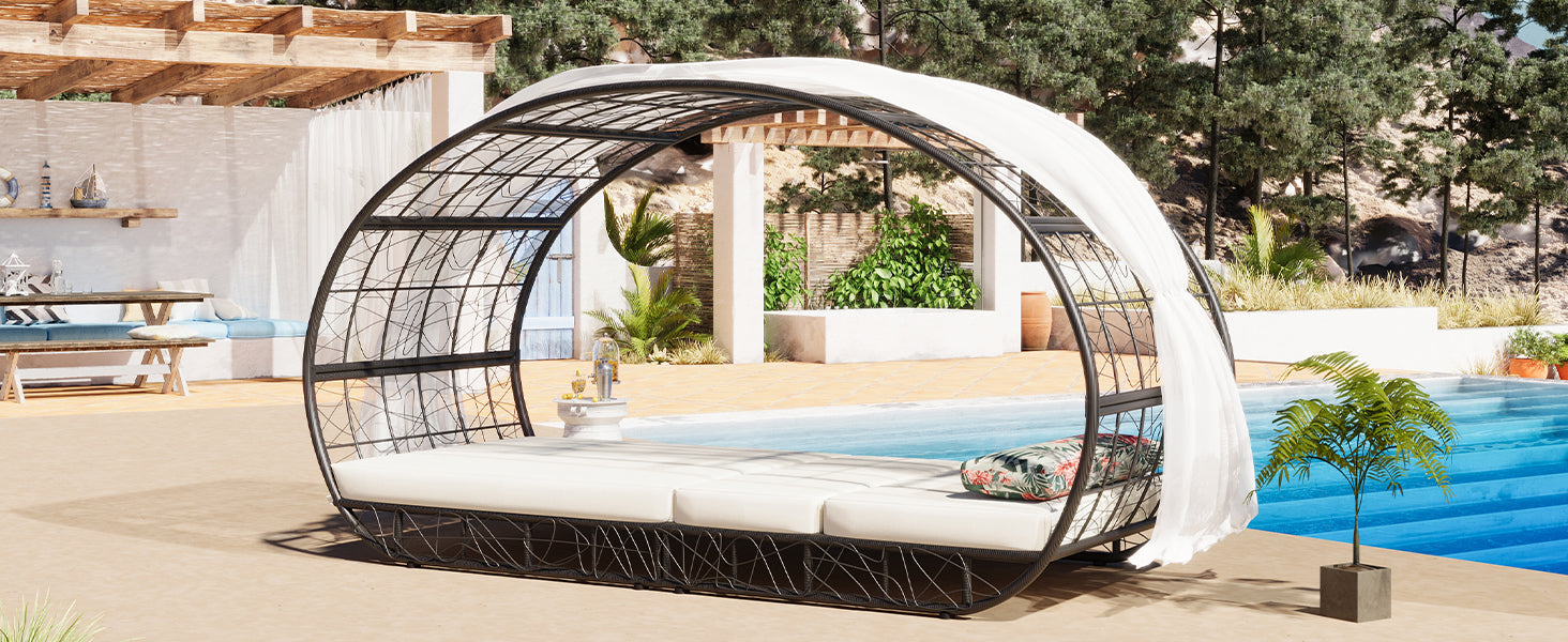 GO 90.55' Outdoor Patio Daybed with Curtain, Sunbed with Cushion and Colorful Pillow, Wicker Lounge Chairs Backrest Adjustable Recliners for Pool Garden Backyard, Beige Cushion, Black Wicker