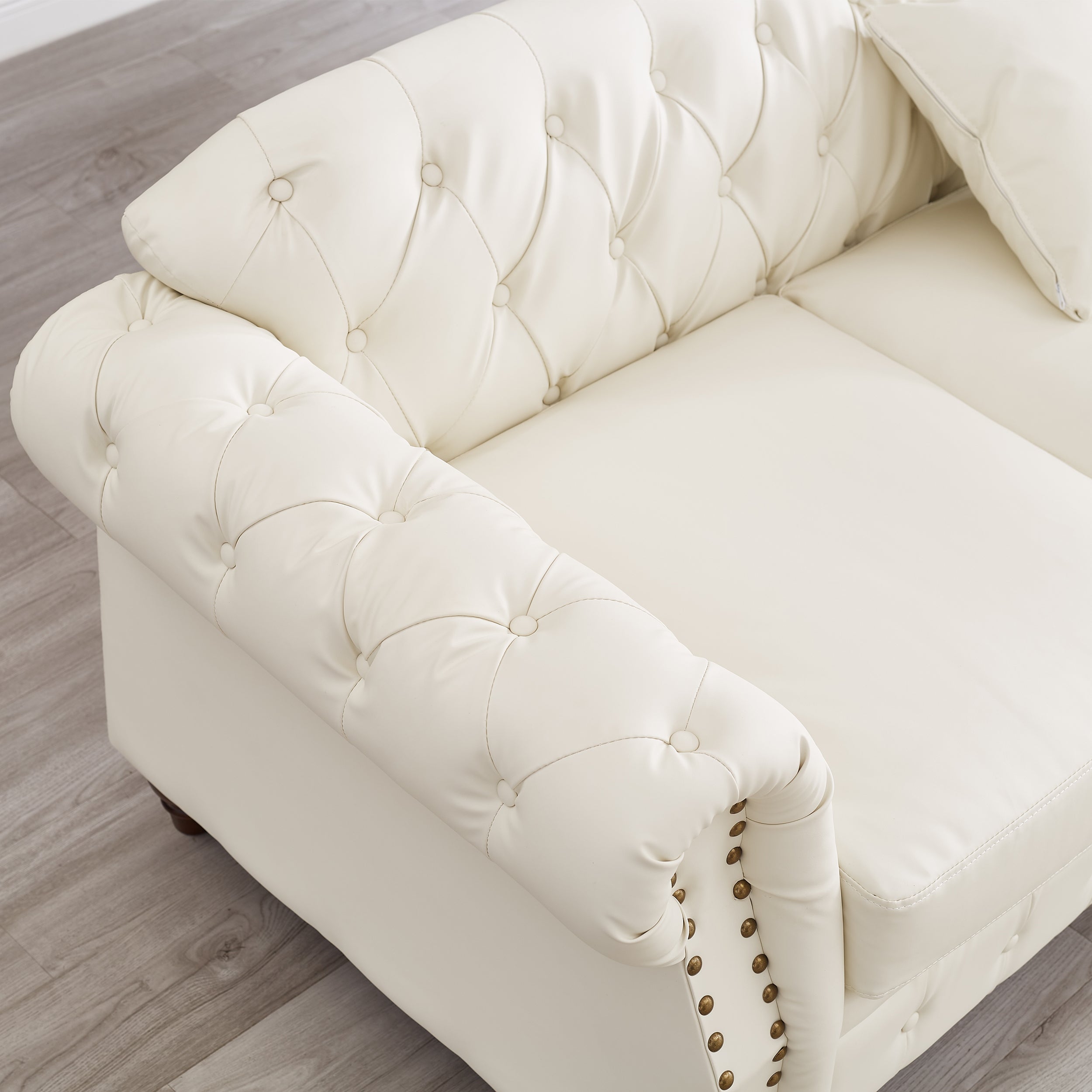 85.8' Living Room Chesterfield Sofa Classic Tufted Design Faux Leather PU Upholstered Sofa with Storage (Ivory)