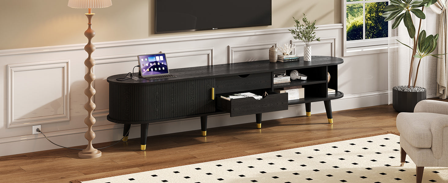 Wooden Oval Fluted TV Stand with Charging Station for TV up to 80', Mid-Century Media Console with Sliding Tambour Door, Farmhouse TV Cabinet with Golden Handle for Living Room, Black